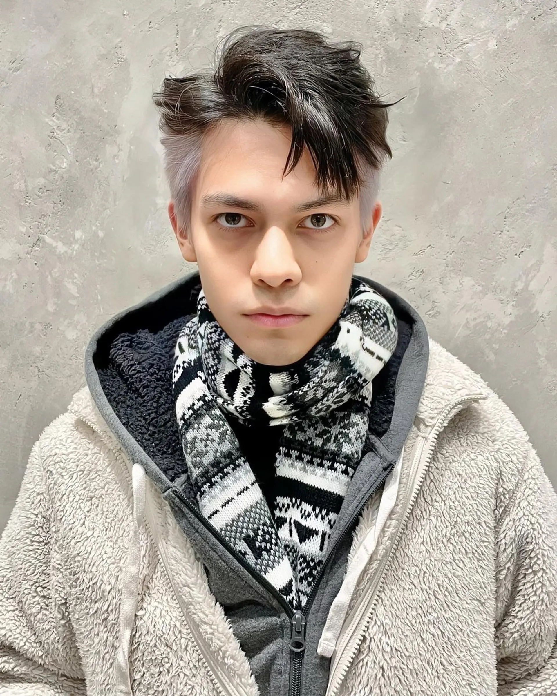 The 'Textured Modern Fringe' features short, straight hair with black and gray tones. The hair is layered and styled into a side-swept fringe, creating a textured and modern look. (Hair by Xu Xuanhao) 1