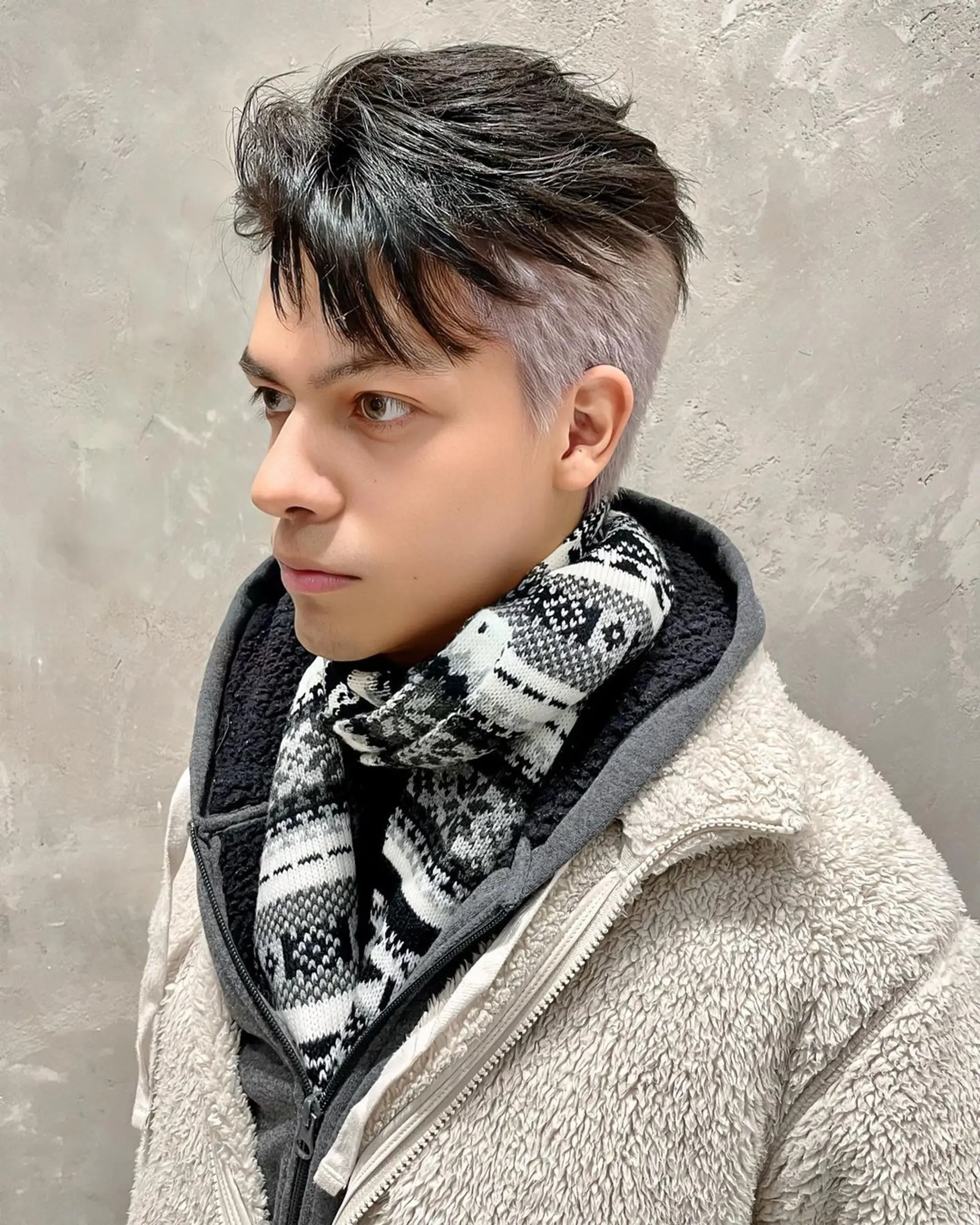 The 'Textured Modern Fringe' features short, straight hair with black and gray tones. The hair is layered and styled into a side-swept fringe, creating a textured and modern look. (Hair by Xu Xuanhao) 3