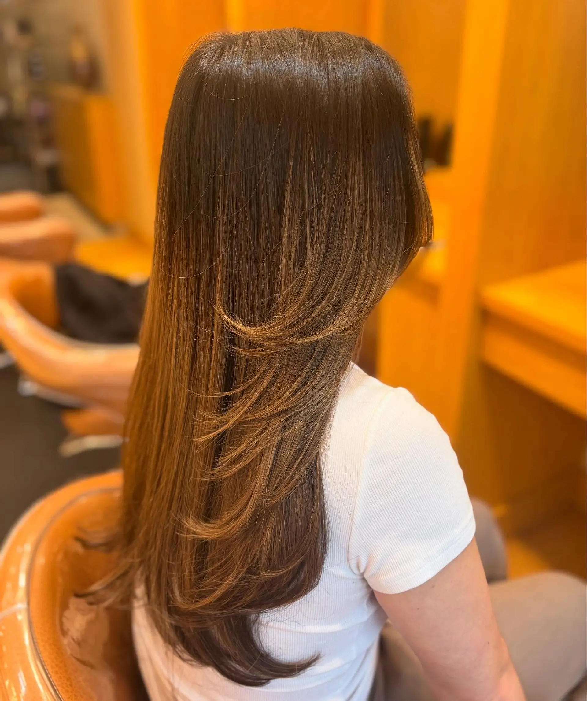 Long layered haircut with face-framing highlights. 1