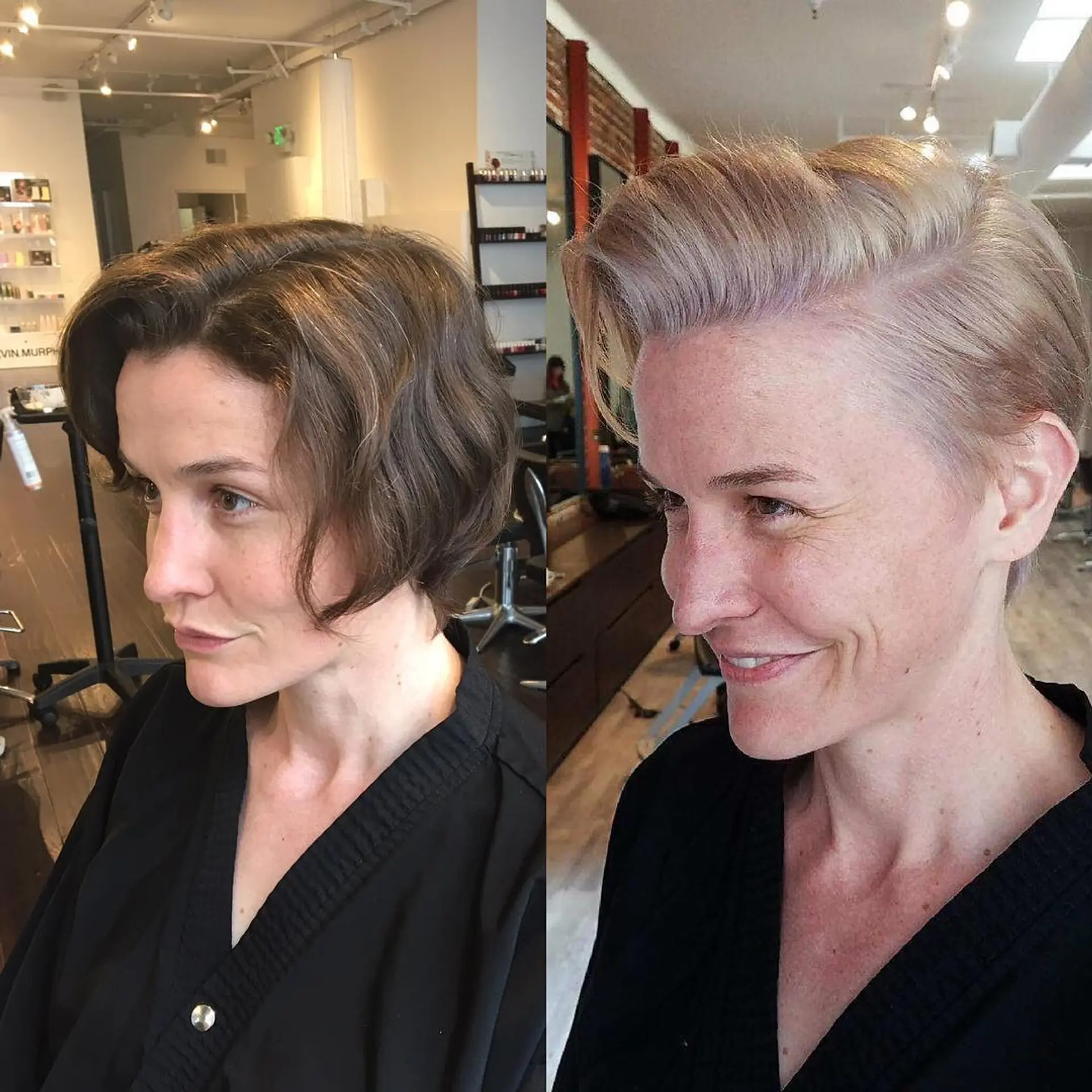 A dramatic hair makeover showing a transition from a brunette bob to a sleek, textured ash blonde pixie cut. 1