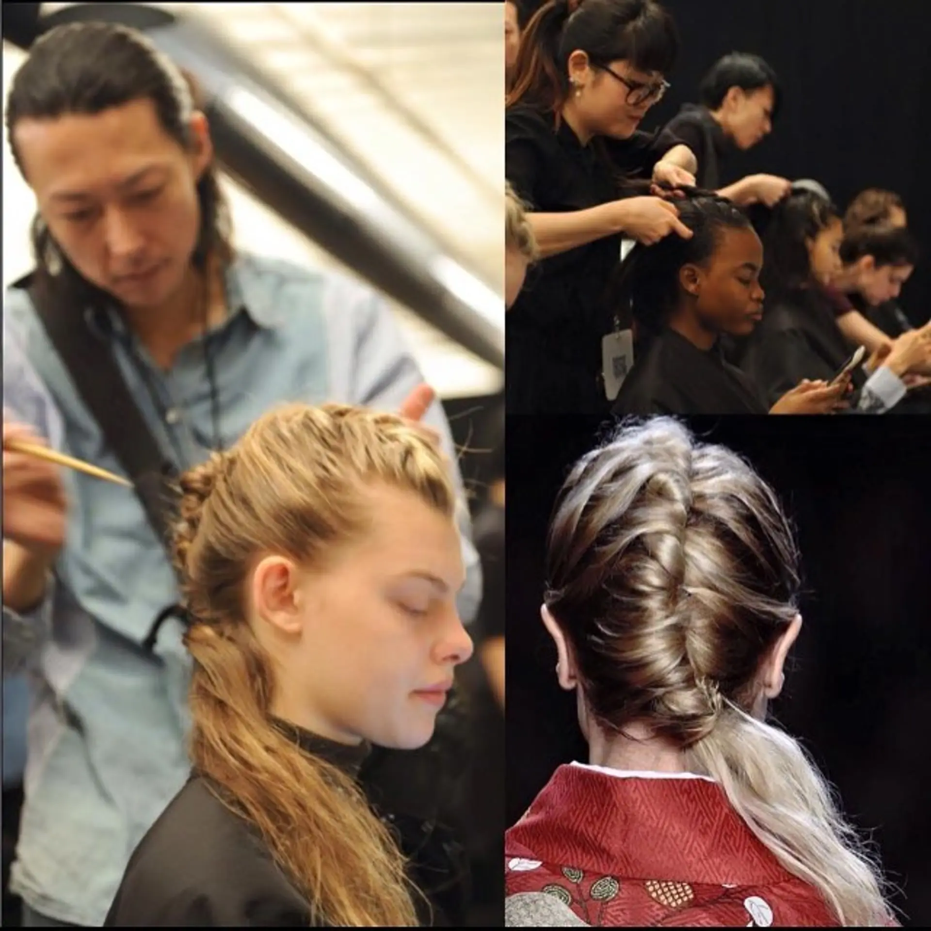 Intricate updo with sleek, straightened hair pulled back combined with a voluminous top crown, cascading into free-flowing waves. Styling done by the Room hair team for the NYFW, Hiromiasai show.  3