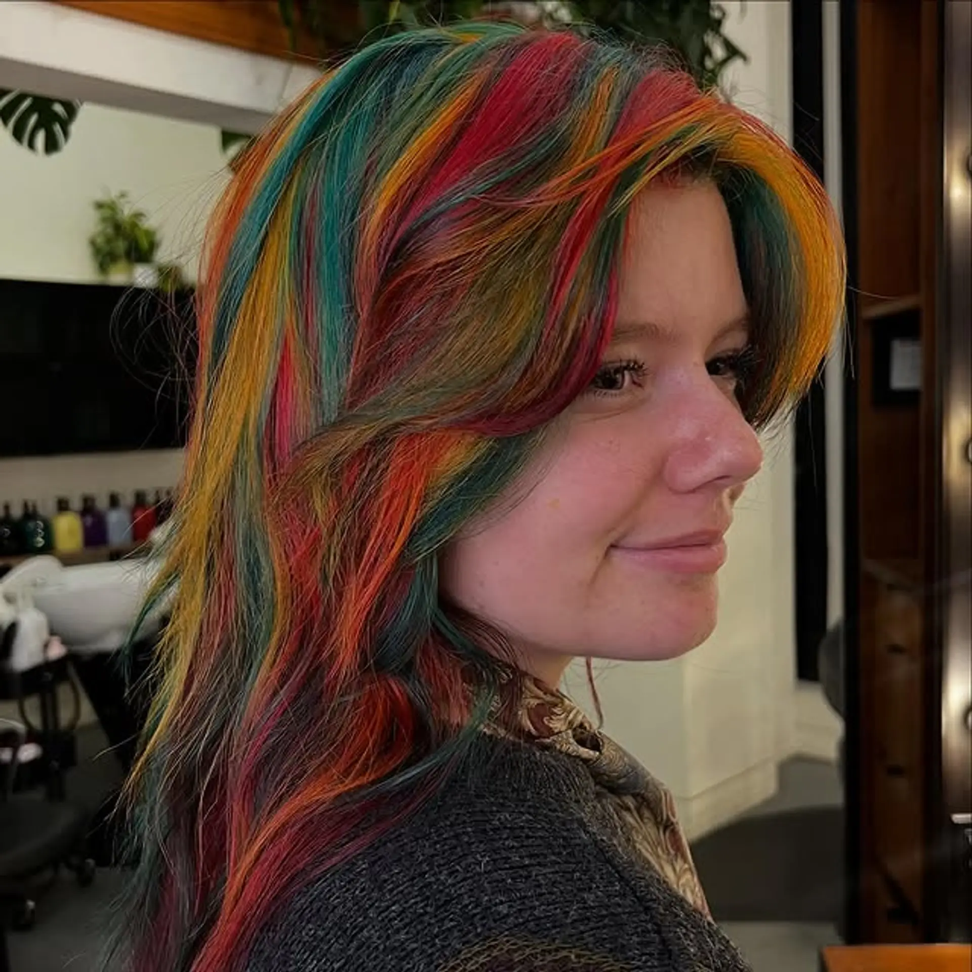 Long layered shag haircut with a rainbow of colors. 1