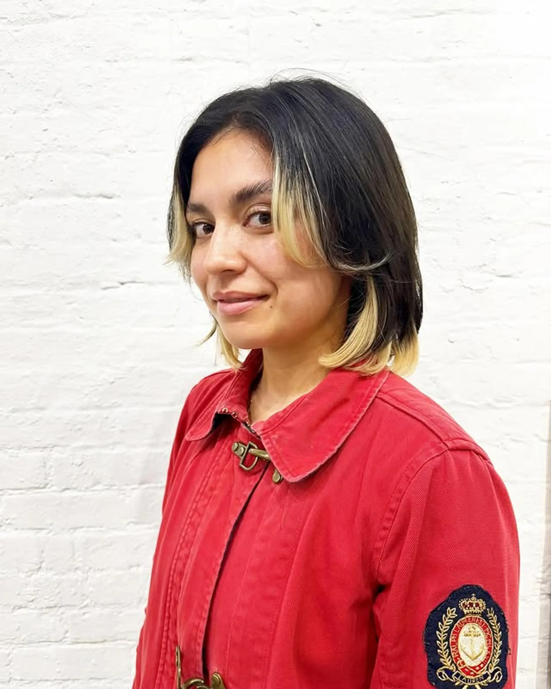 A stylish bob with face-framing layers and a bold two-tone color effect. 1