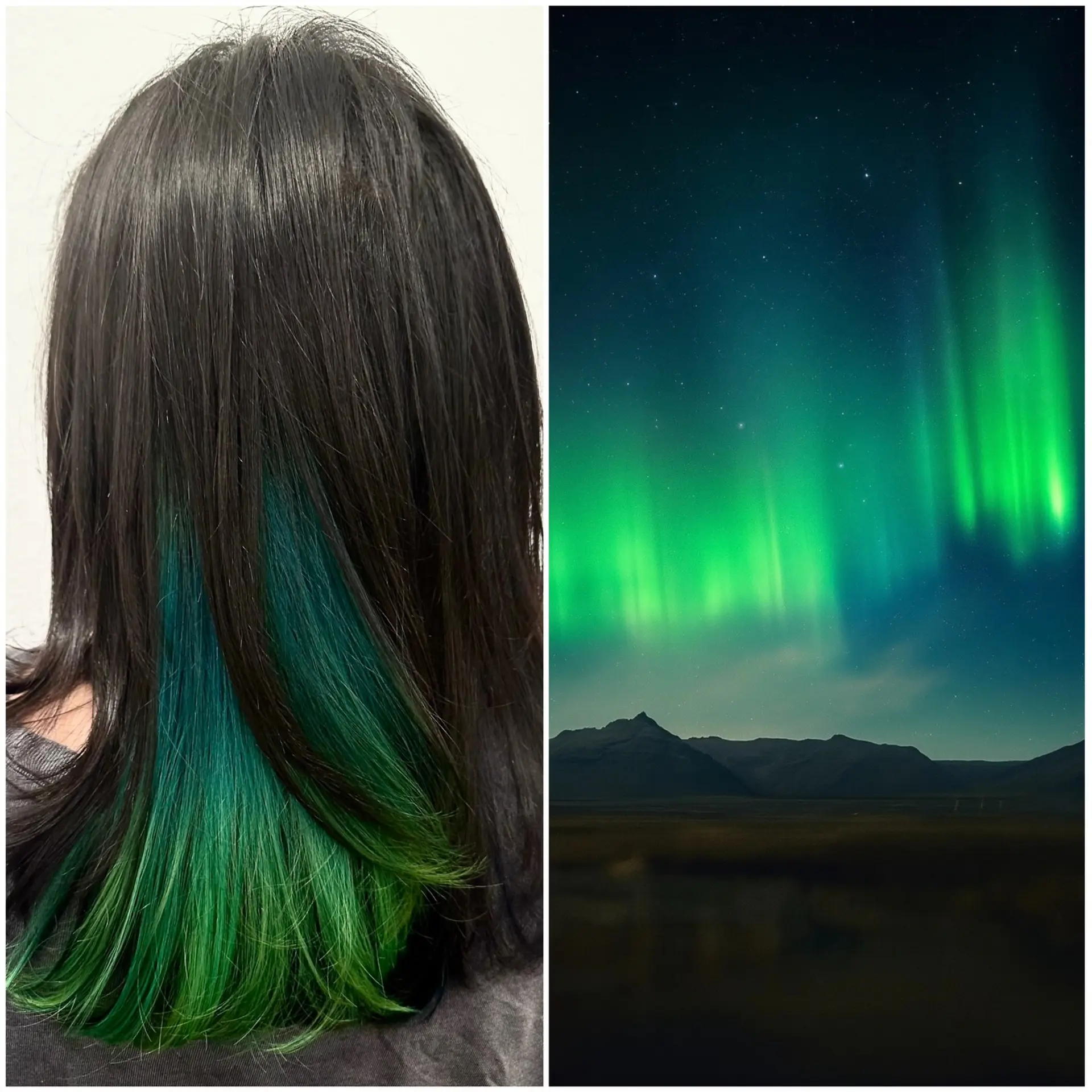 Medium-length dark hair featuring vivid aurora-inspired teal and green peekaboo underlights. 1