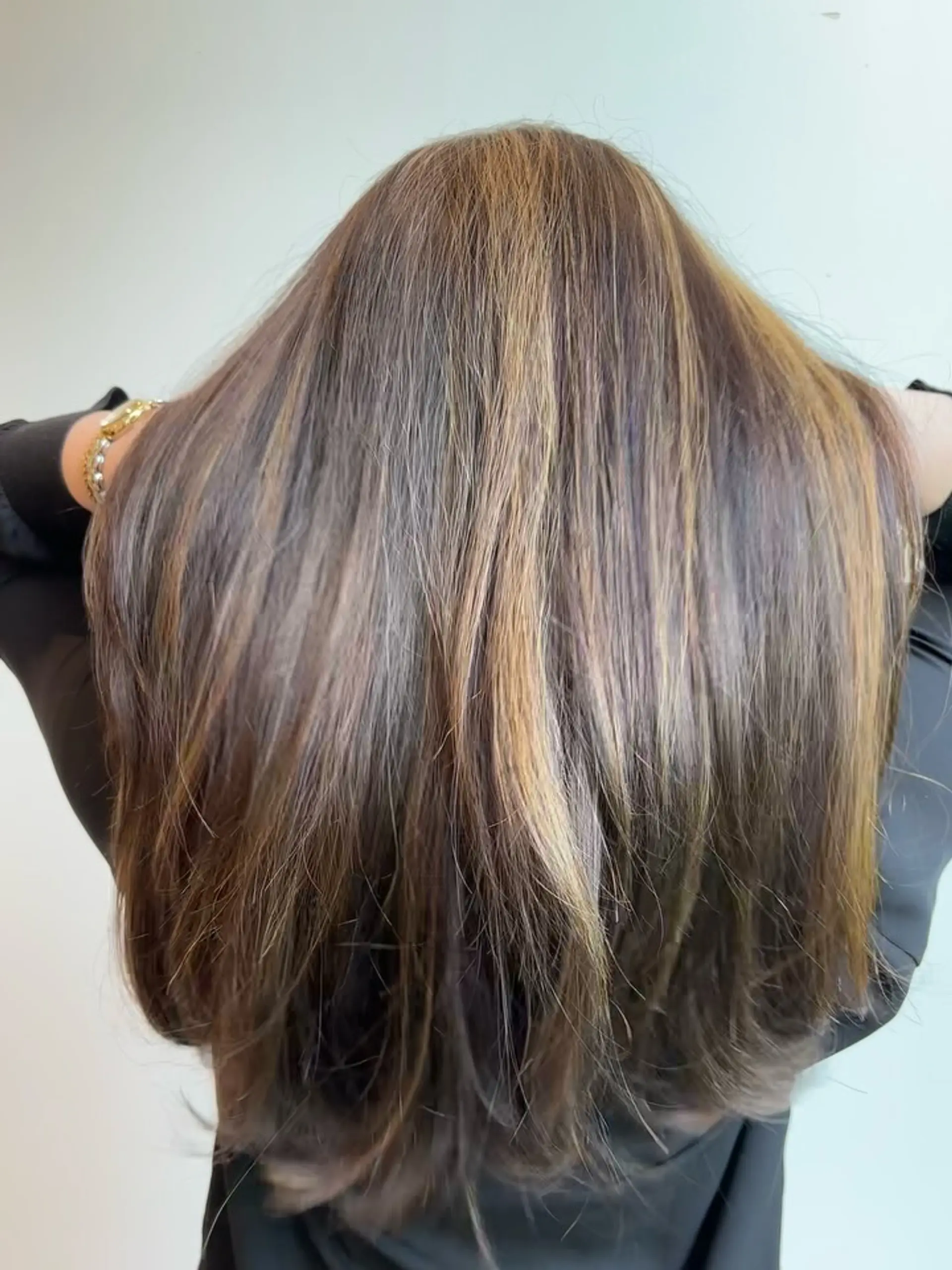 Long layered brunette hair with seamless, warm caramel and honey highlights styled smooth with natural movement. 1