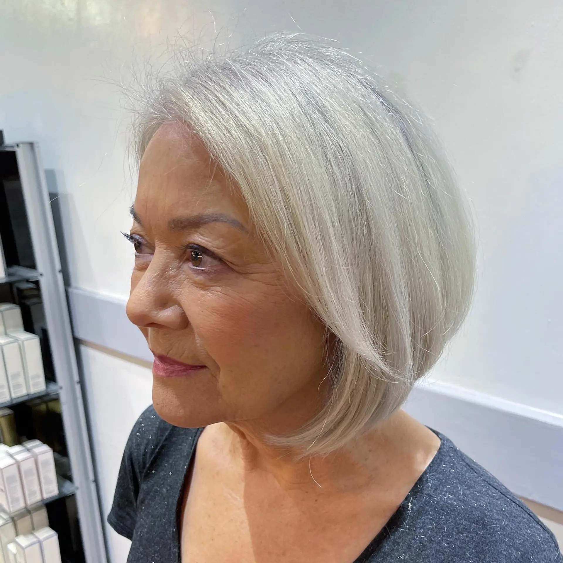 A sleek, chin-length rounded bob colored in a seamless, luminous silver-grey with soft curved ends. 1