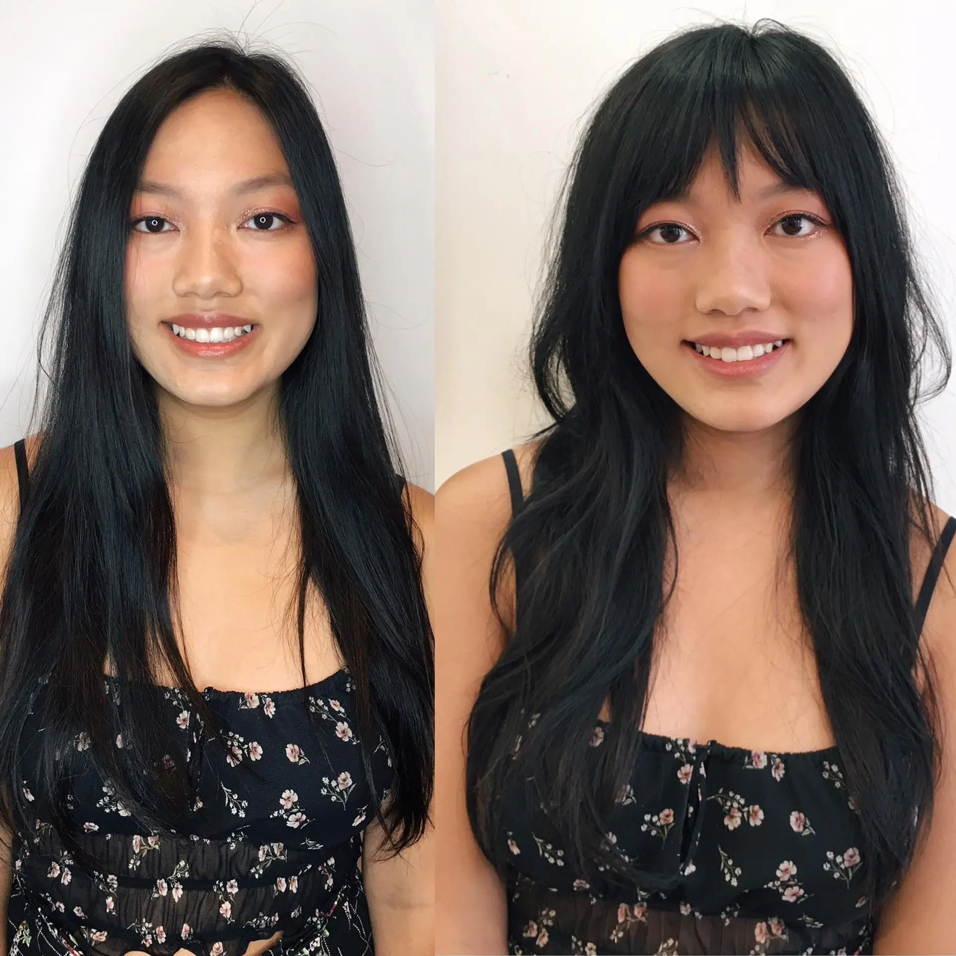 Long black hair transformed with piecey wispy bangs, soft face-framing layers, and natural wave texture. 1