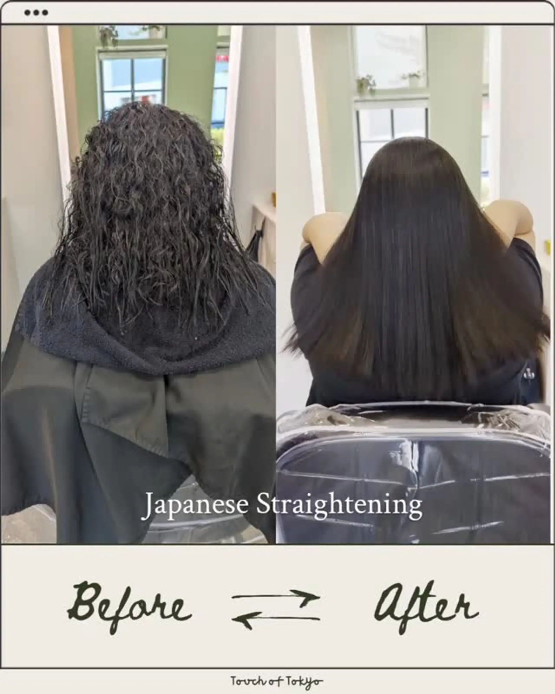 A sleek, pin-straight Japanese straightening transformation showing a before and after comparison from tight curls to silky smooth hair. 1