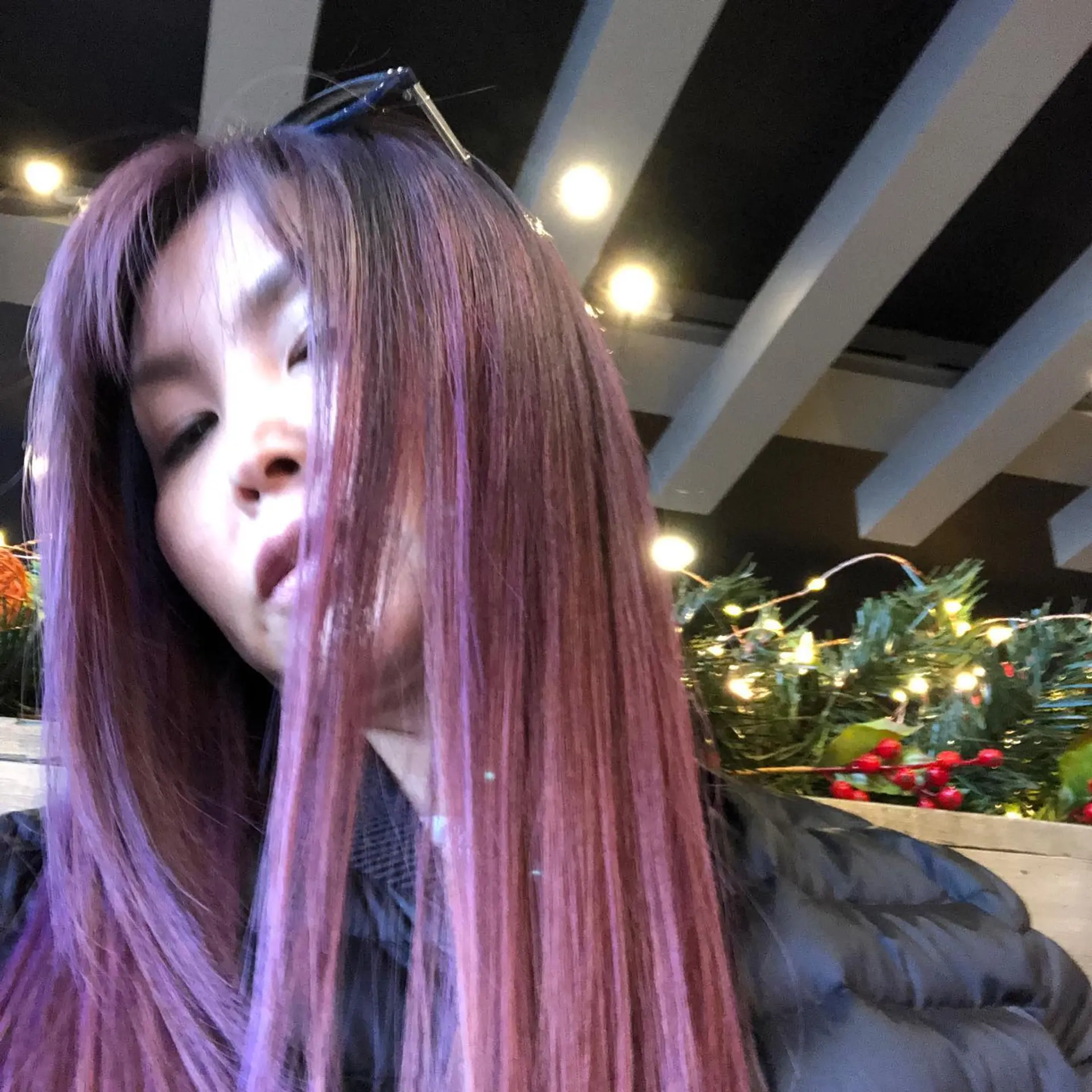 Long, straight purple-toned balayage hair with soft fringe bangs. 1