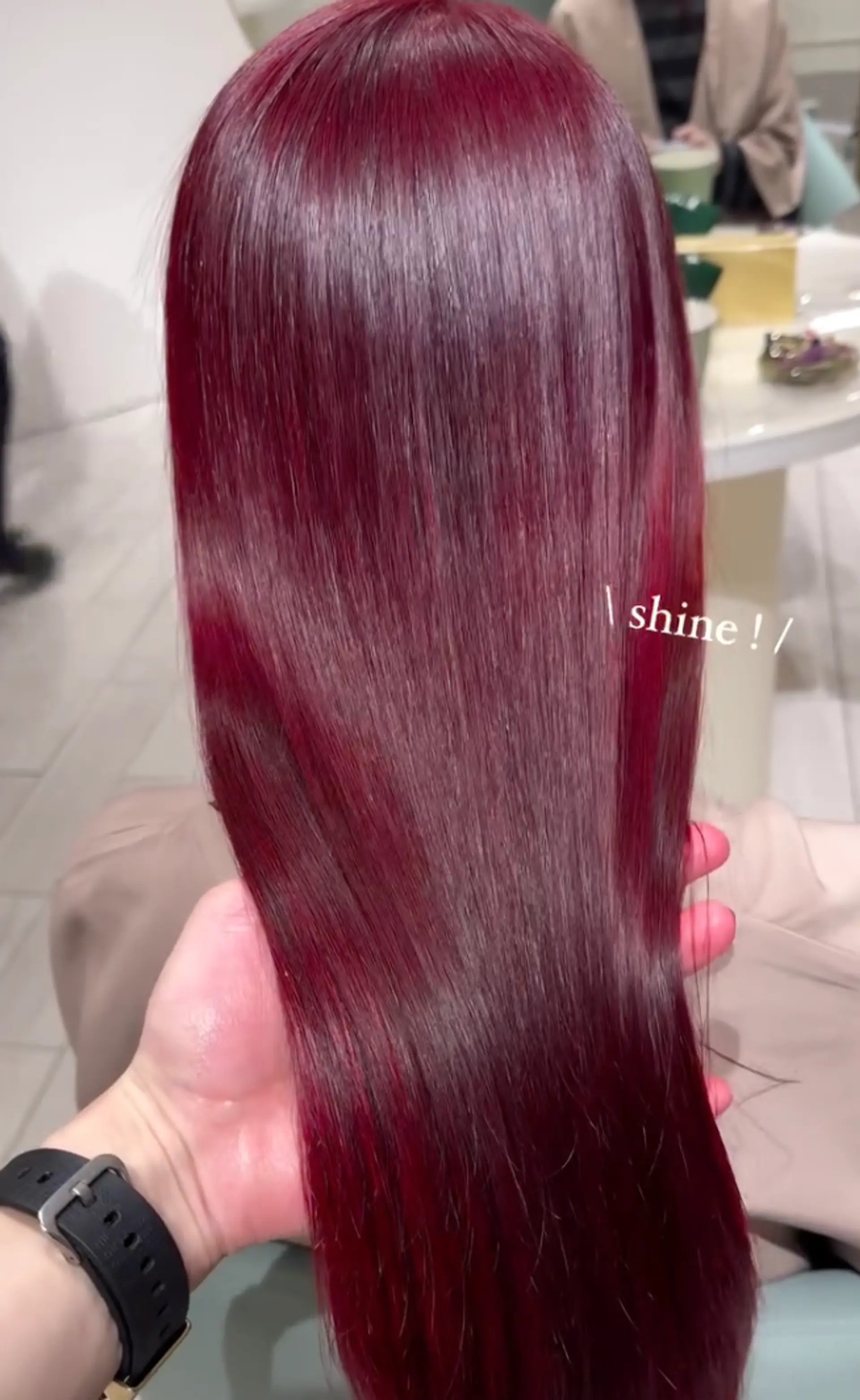 Long, straight hair with a stunning, glossy burgundy color. 1