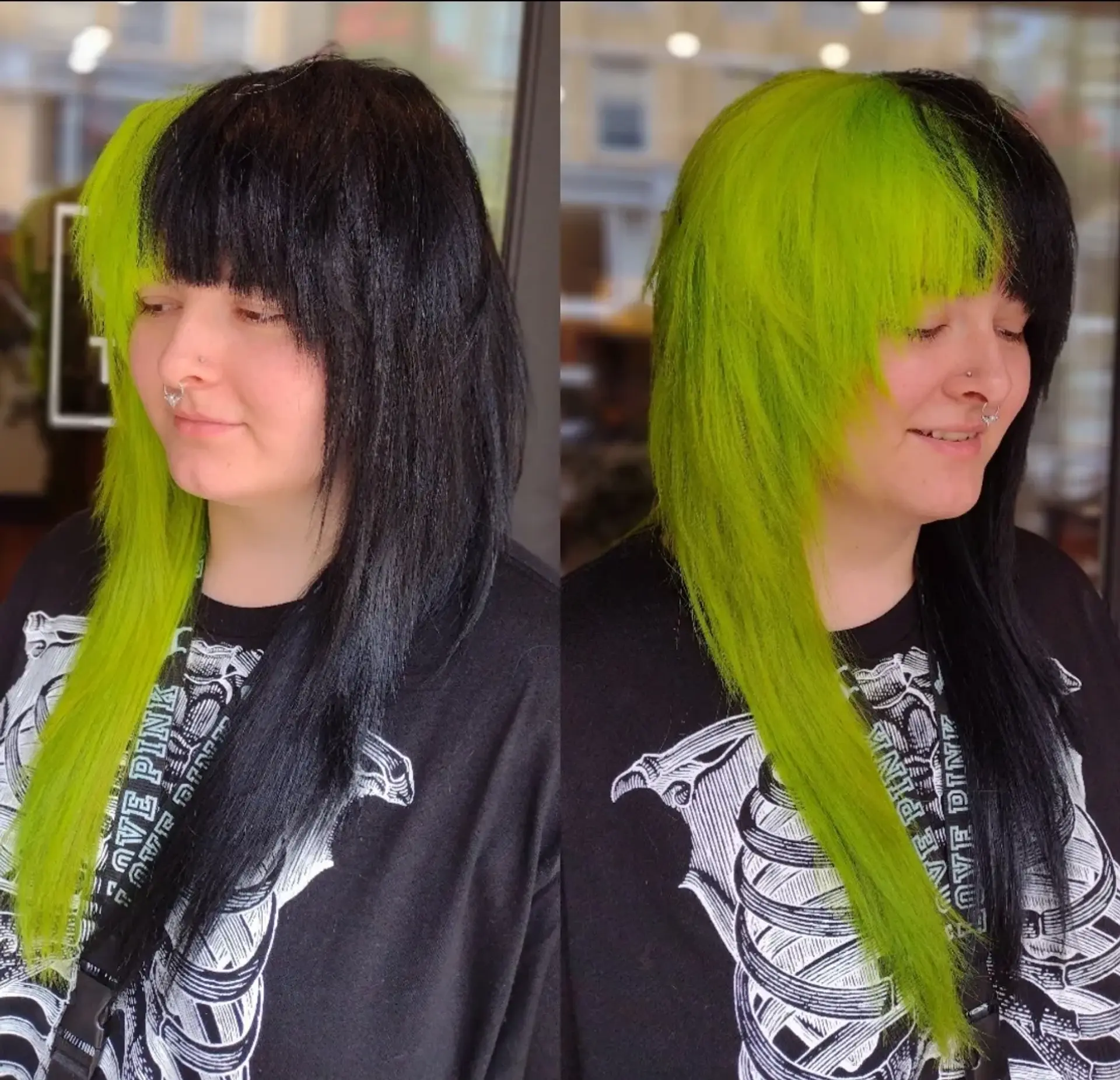 A scene-inspired shag haircut with straight textured layers and blunt bangs, styled in a high-contrast split dye of neon lime green and black. 1