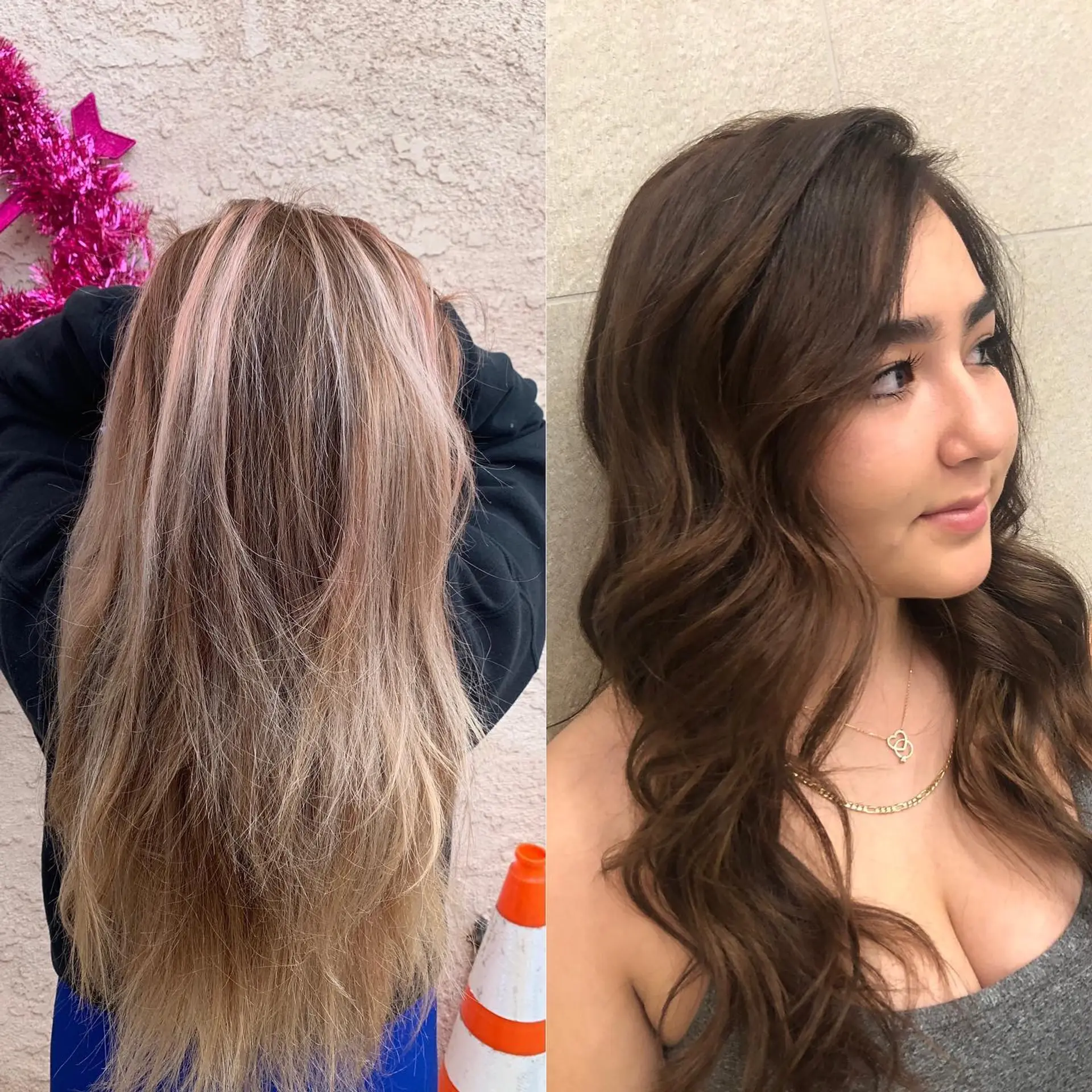 A rich, warm chocolate brown all-over color transformation styled in soft, loose waves. 1