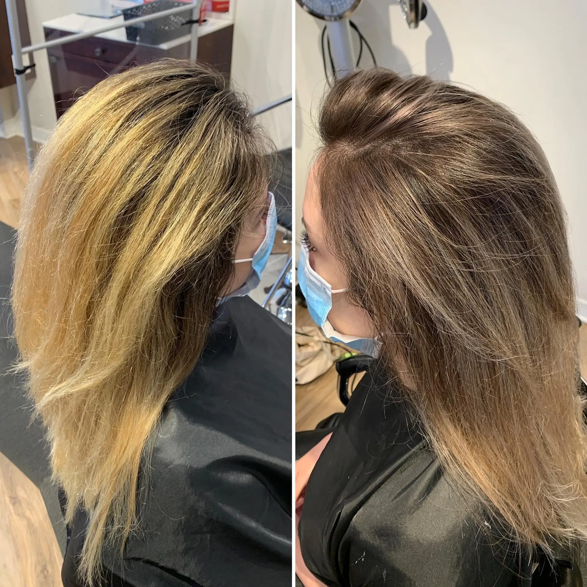 A color correction that transitions from brunette roots to blonde ombre ends. 1