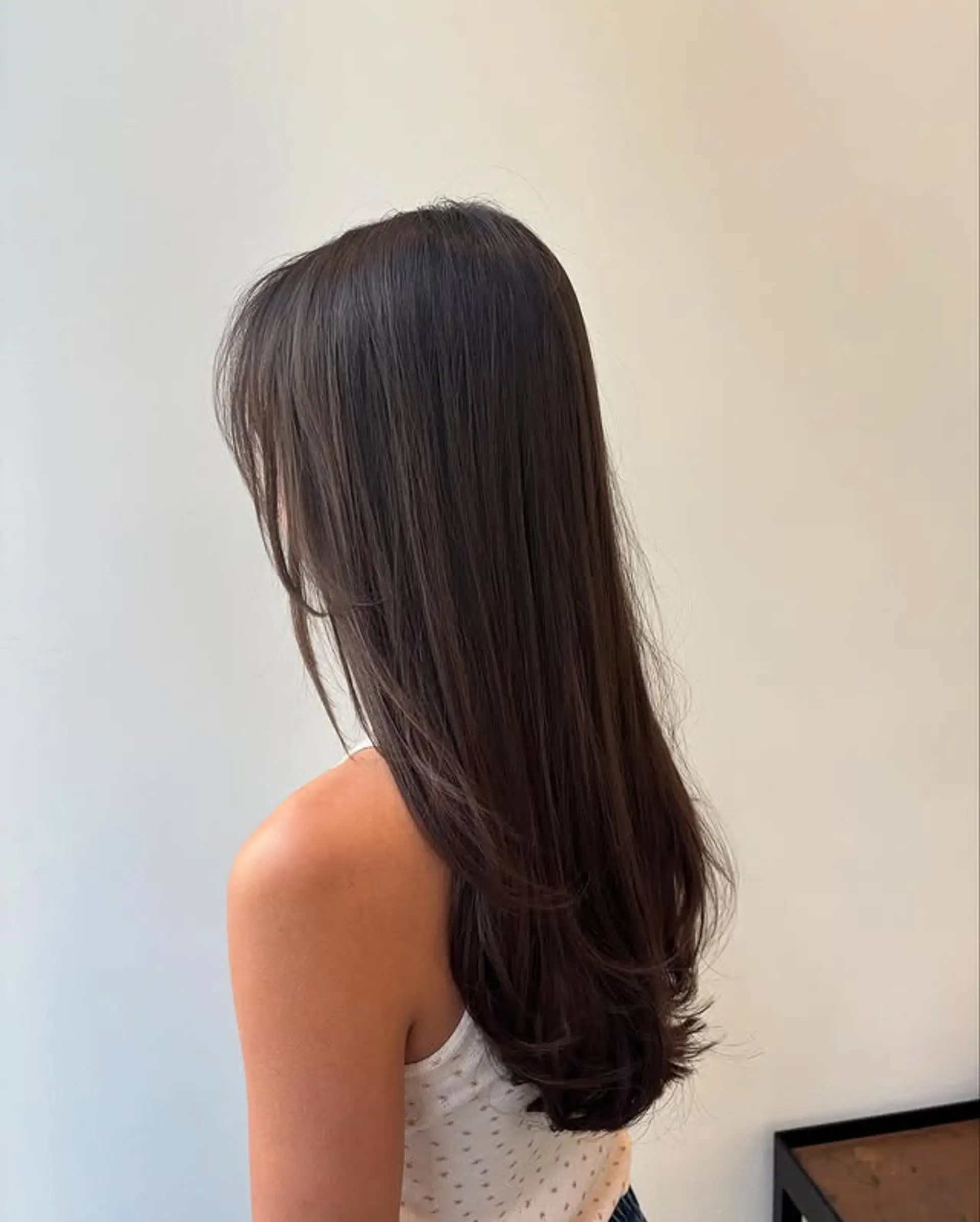 A long, layered haircut with face-framing bangs. 1