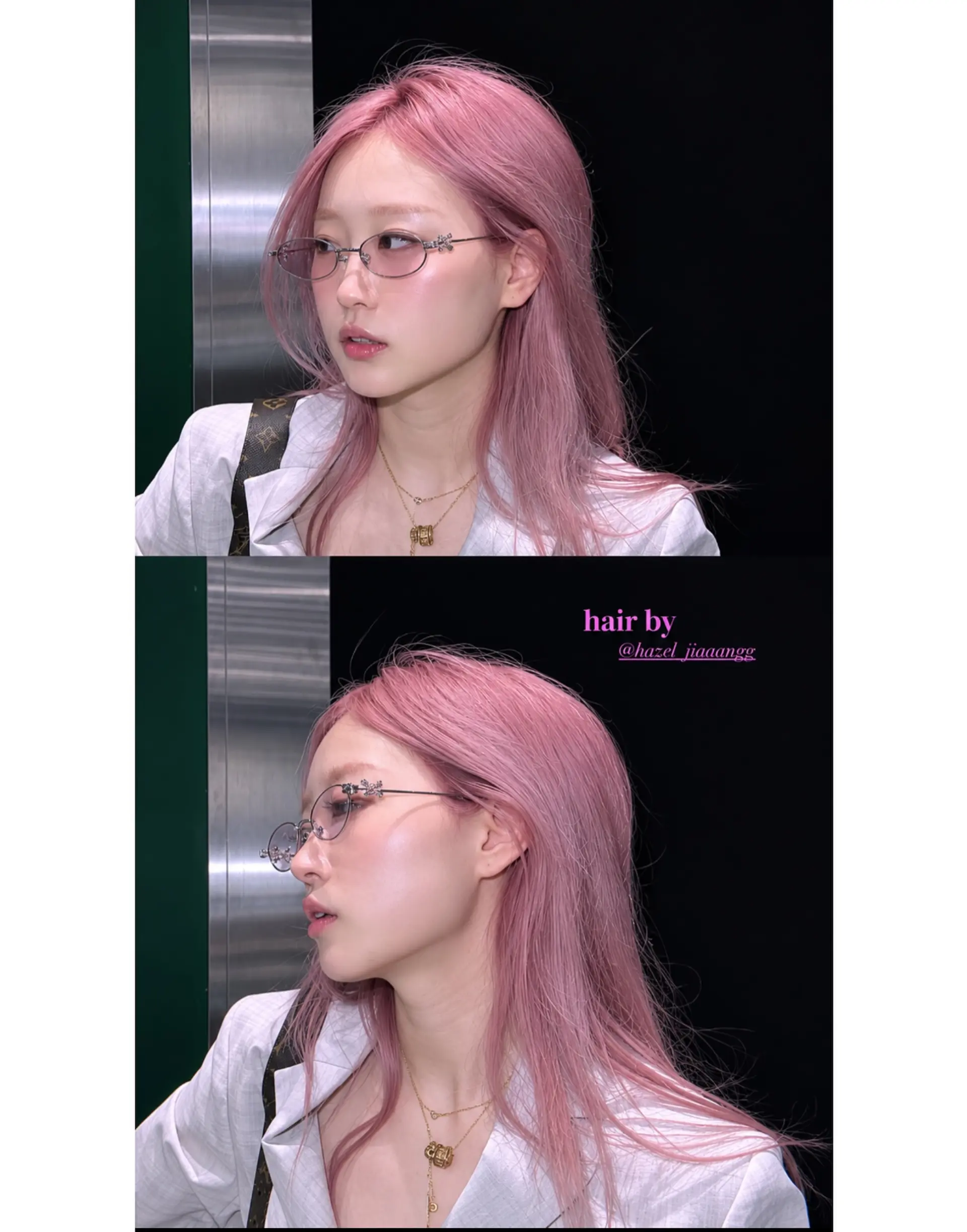 Vibrant all-over pastel bubblegum pink hair styled straight with light face-framing layers. 1
