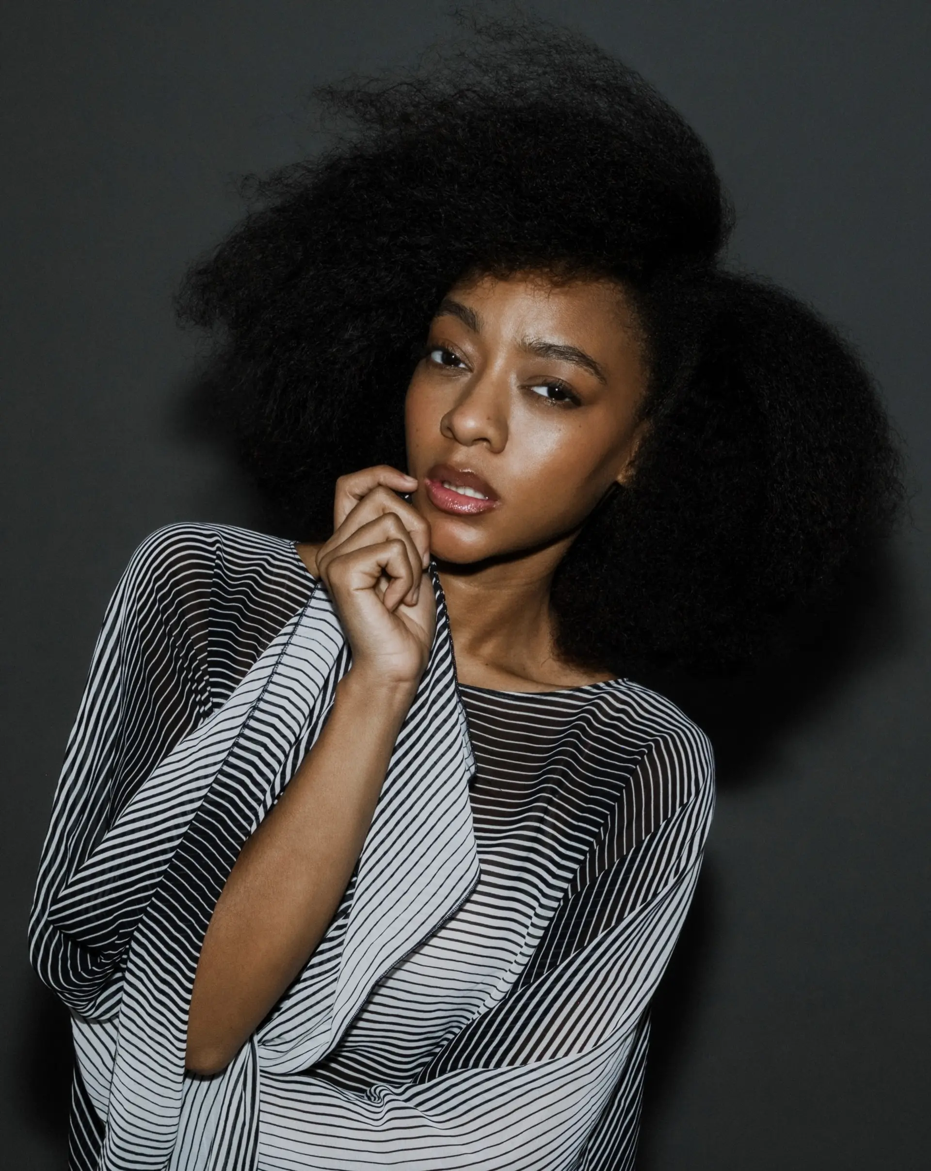 A full, voluminous afro hairstyle with soft brushed-out texture and natural body. 1