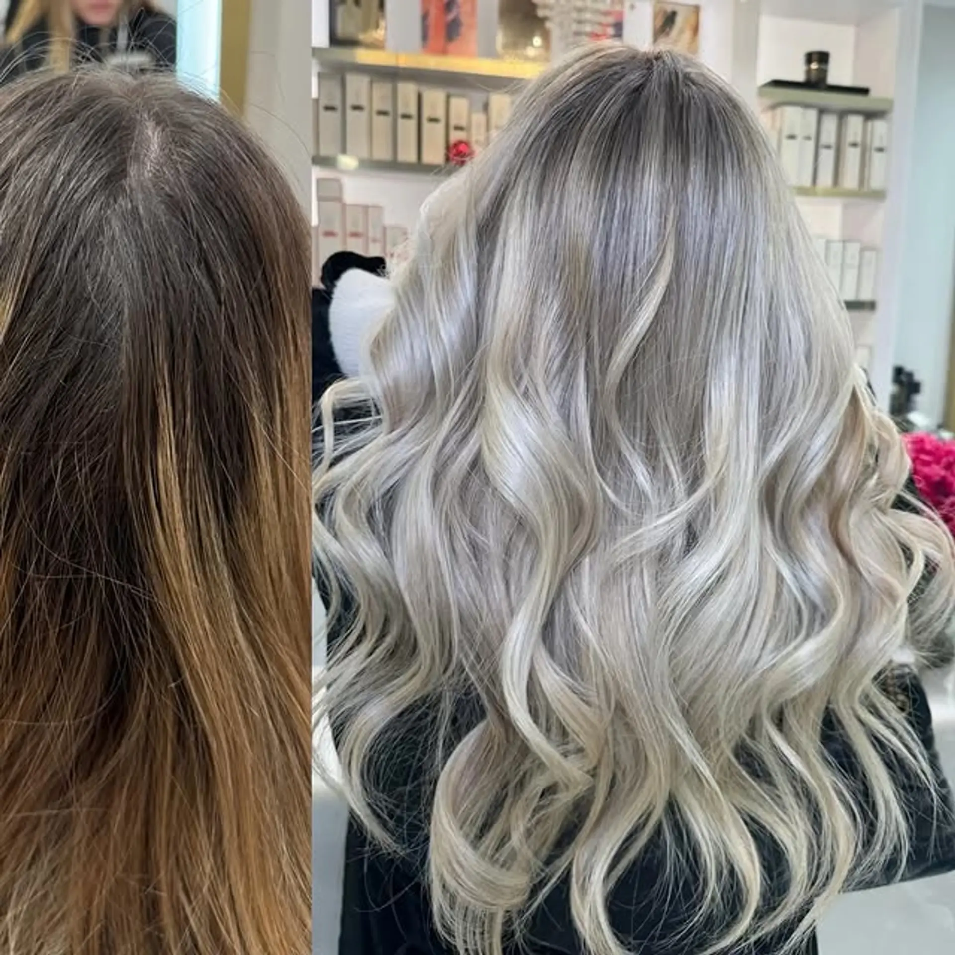 Long, wavy hair with an icy platinum blonde balayage. Features silver and ash blonde undertones with a subtle root shadow. 1