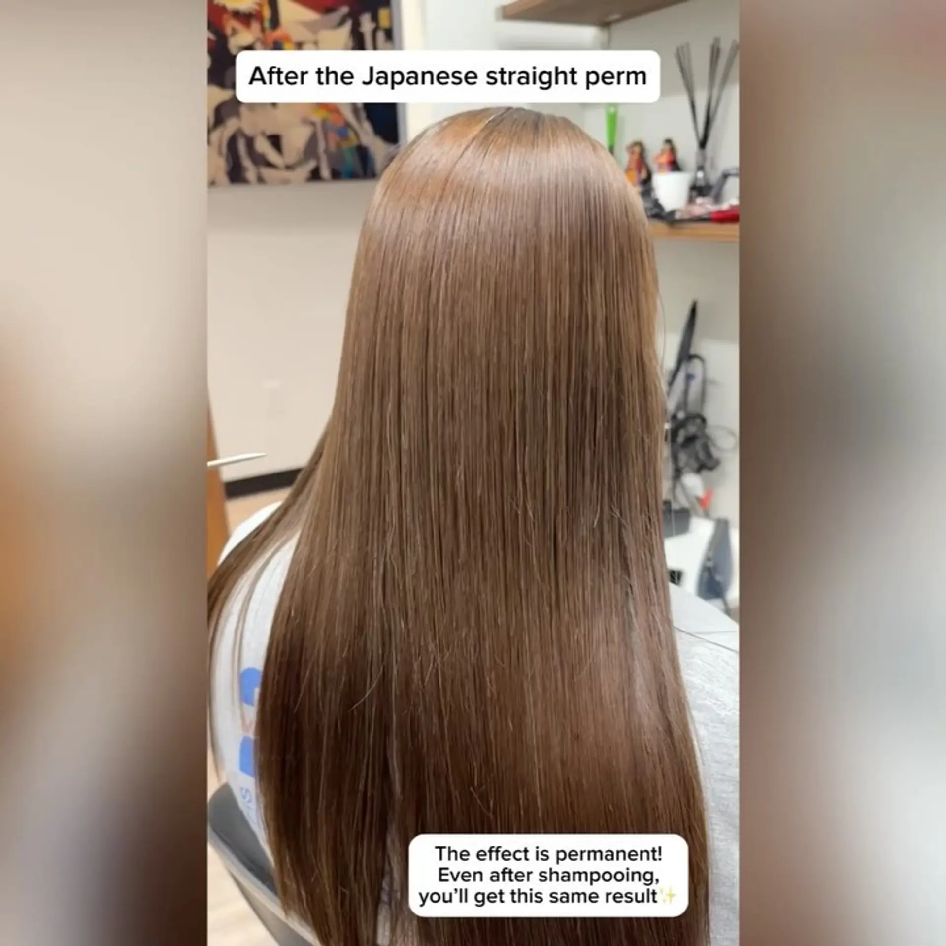 Long, pin-straight light brown hair with a sleek, ultra-glossy finish achieved through a Japanese straight perm. 1