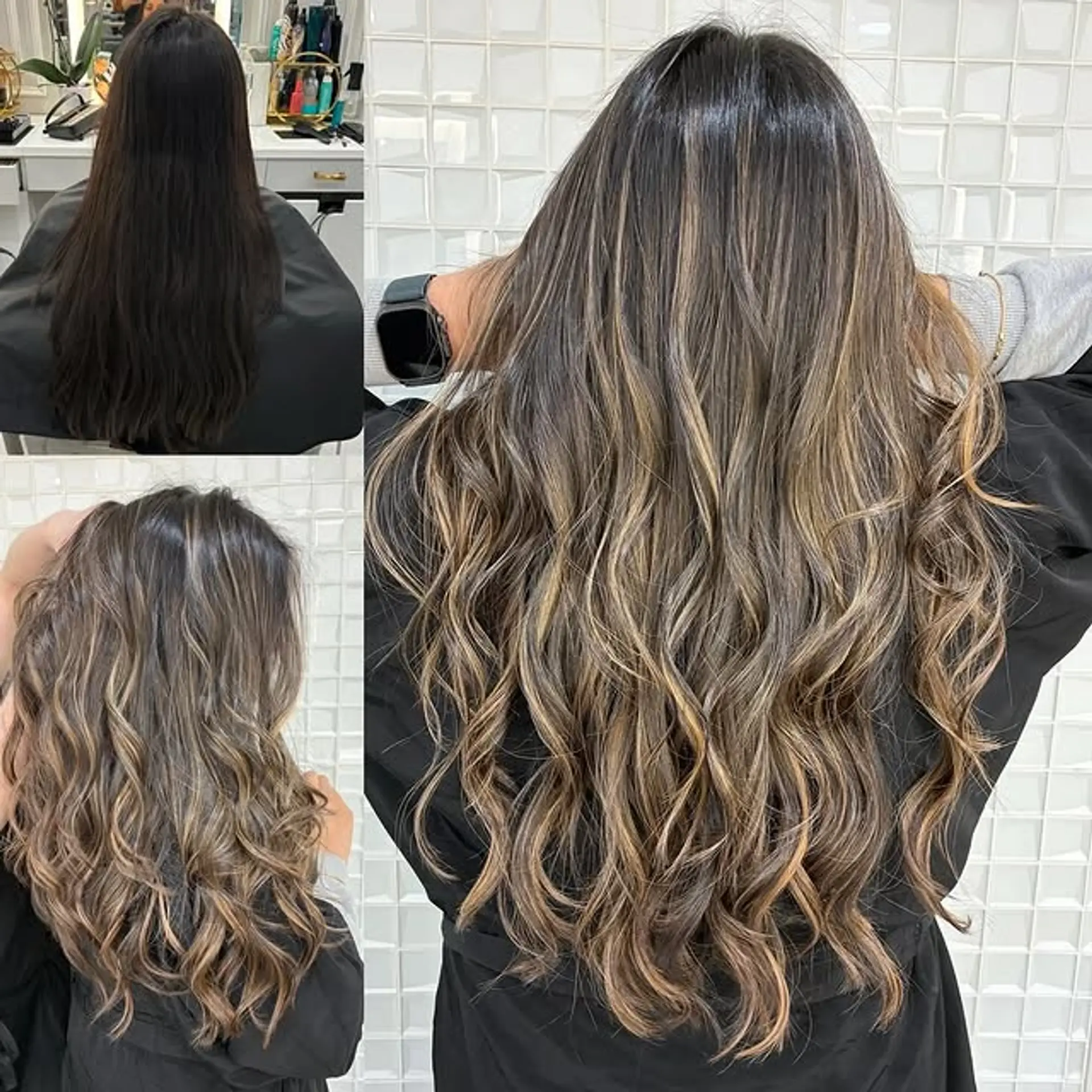 Long layered wavy hair with a brunette base and golden blonde balayage highlights. 1