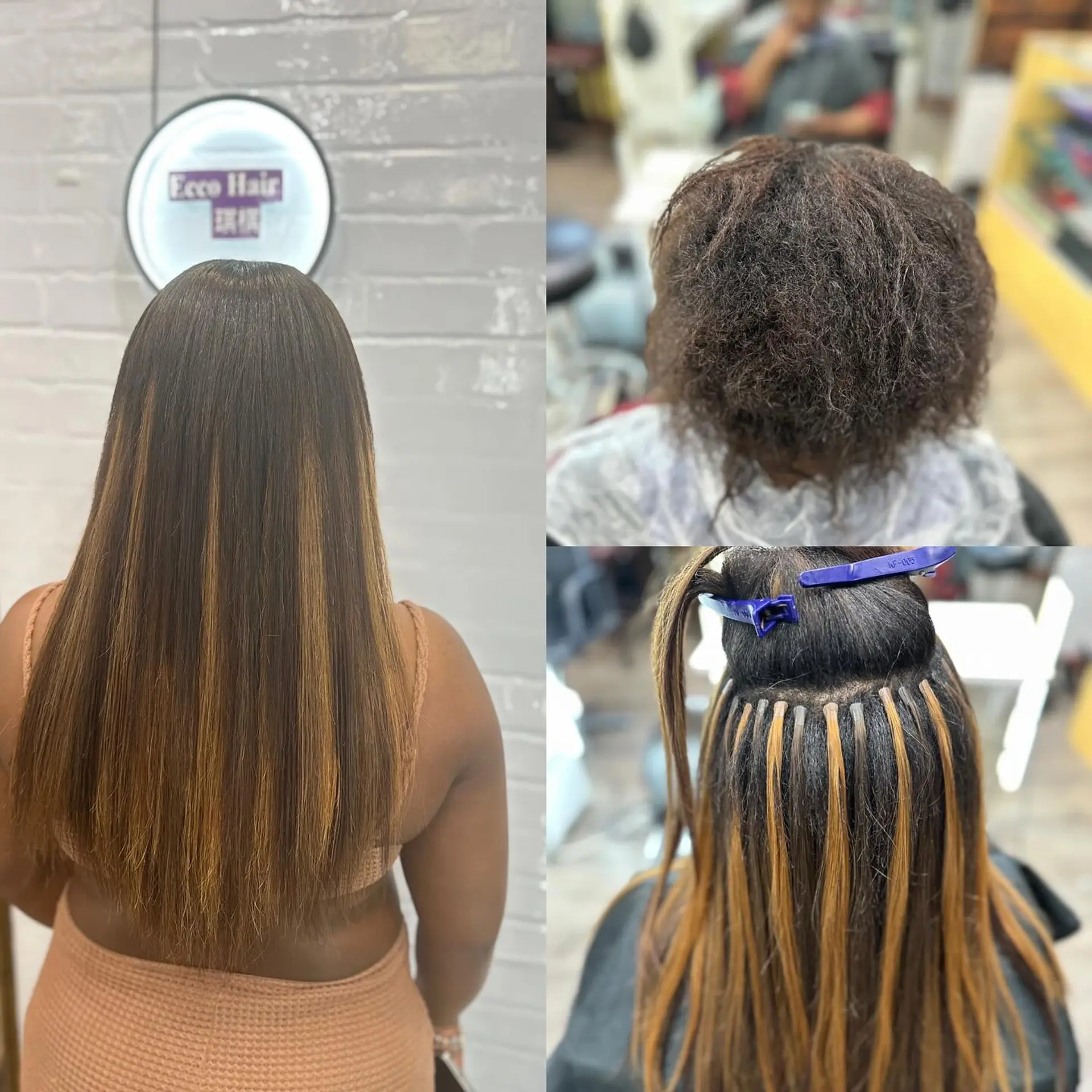Long, sleek straight hair extended and volumized using micro link extensions with warm caramel highlights. 1
