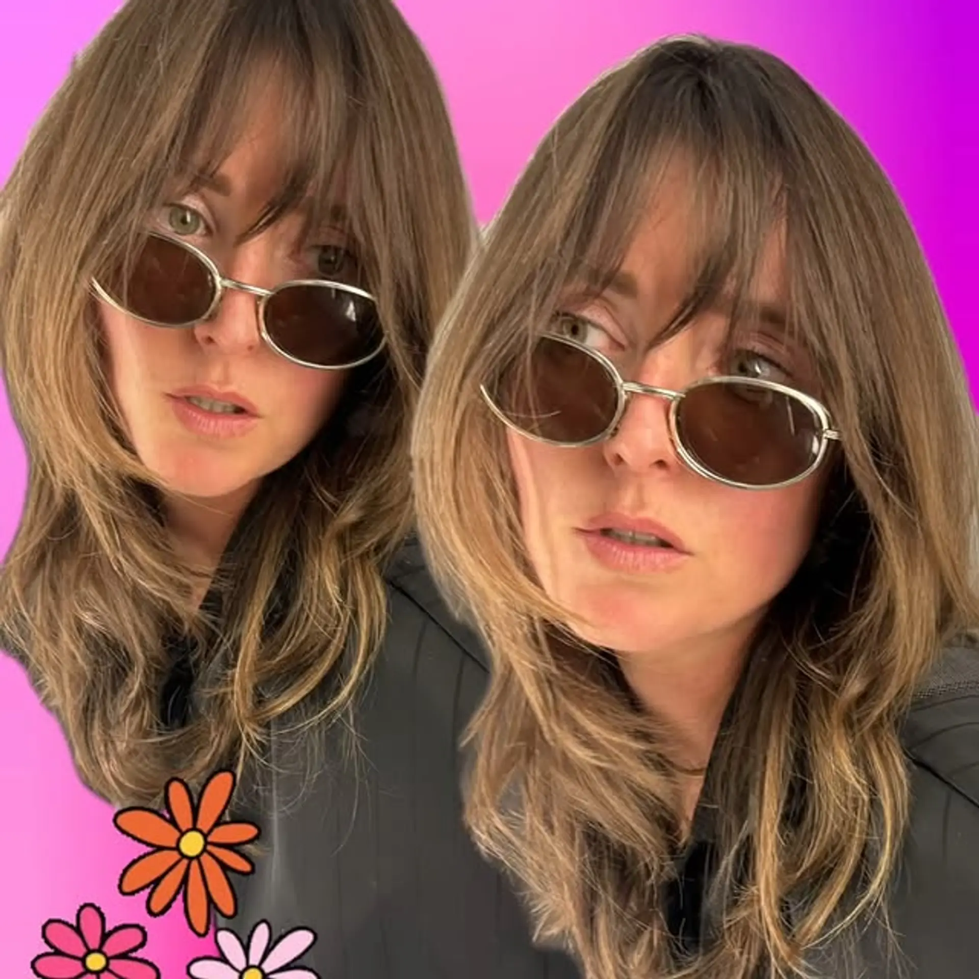 A trendy medium-length shag haircut with face-framing layers and curtain bangs. 1