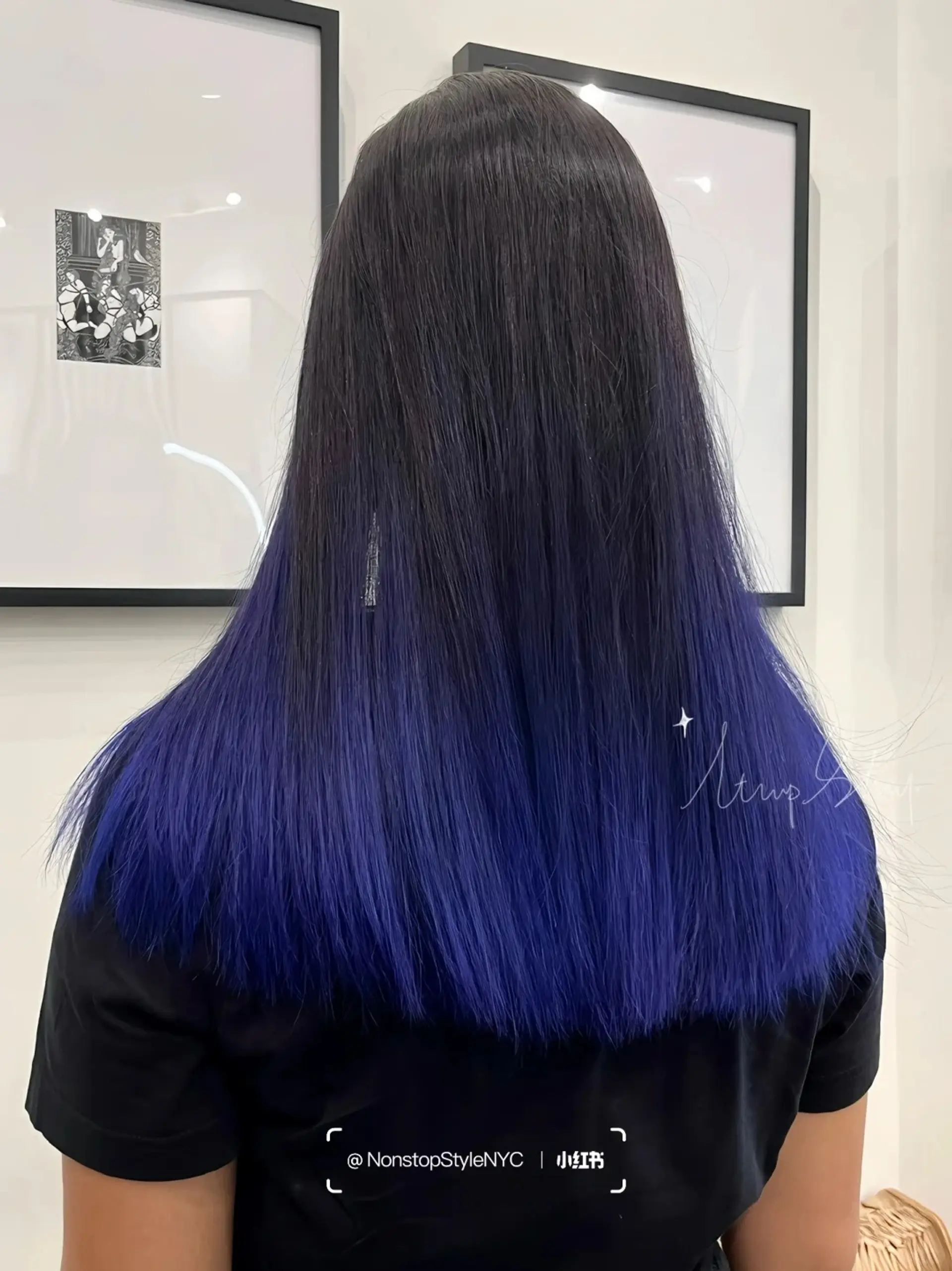 A sleek, straight ombre hairstyle transitioning from natural black roots to vibrant blue tips with medium-length hair.

(NonstopStyle: by Niel) 1