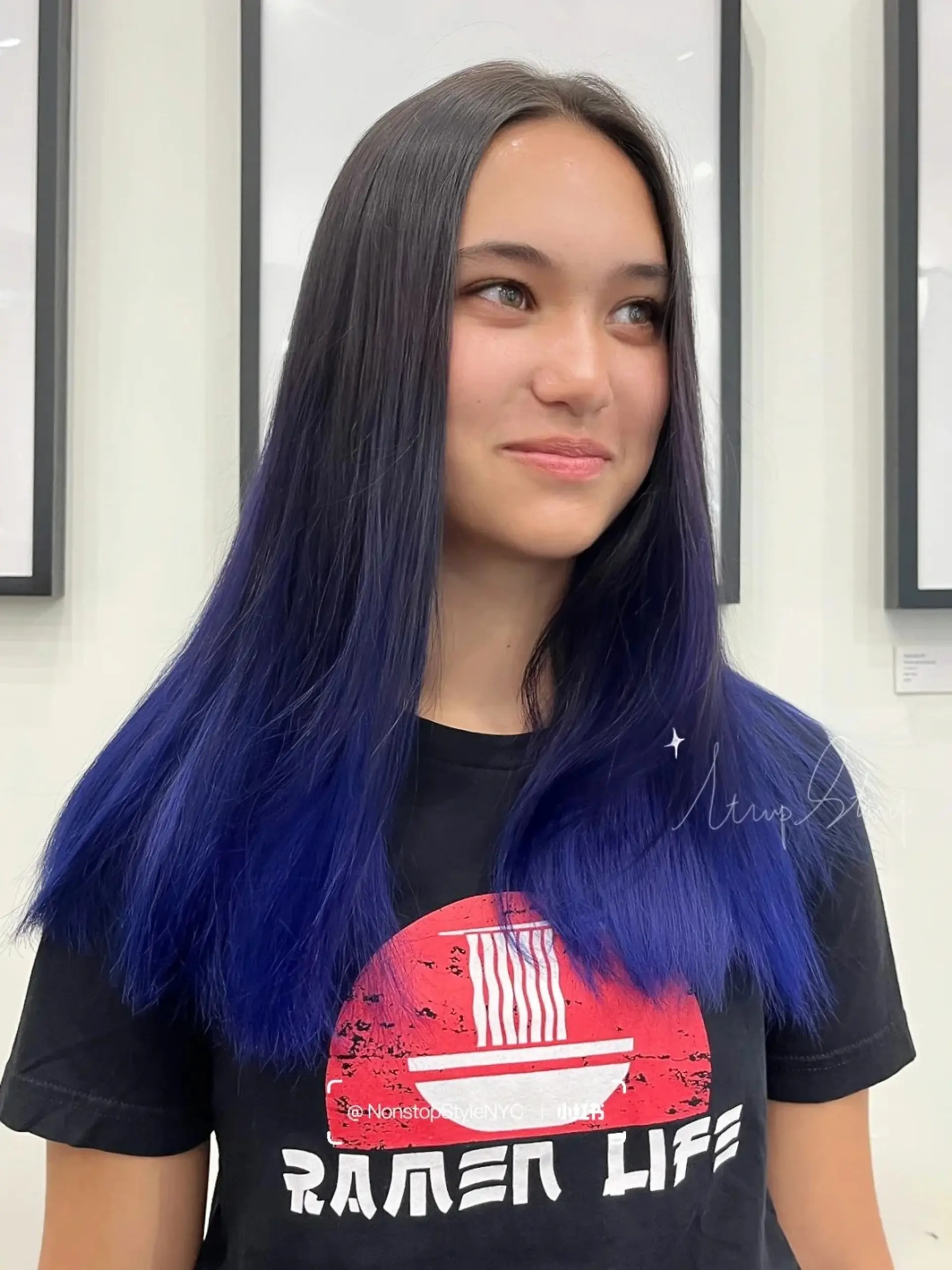 A sleek, straight ombre hairstyle transitioning from natural black roots to vibrant blue tips with medium-length hair.

(NonstopStyle: by Niel) 2