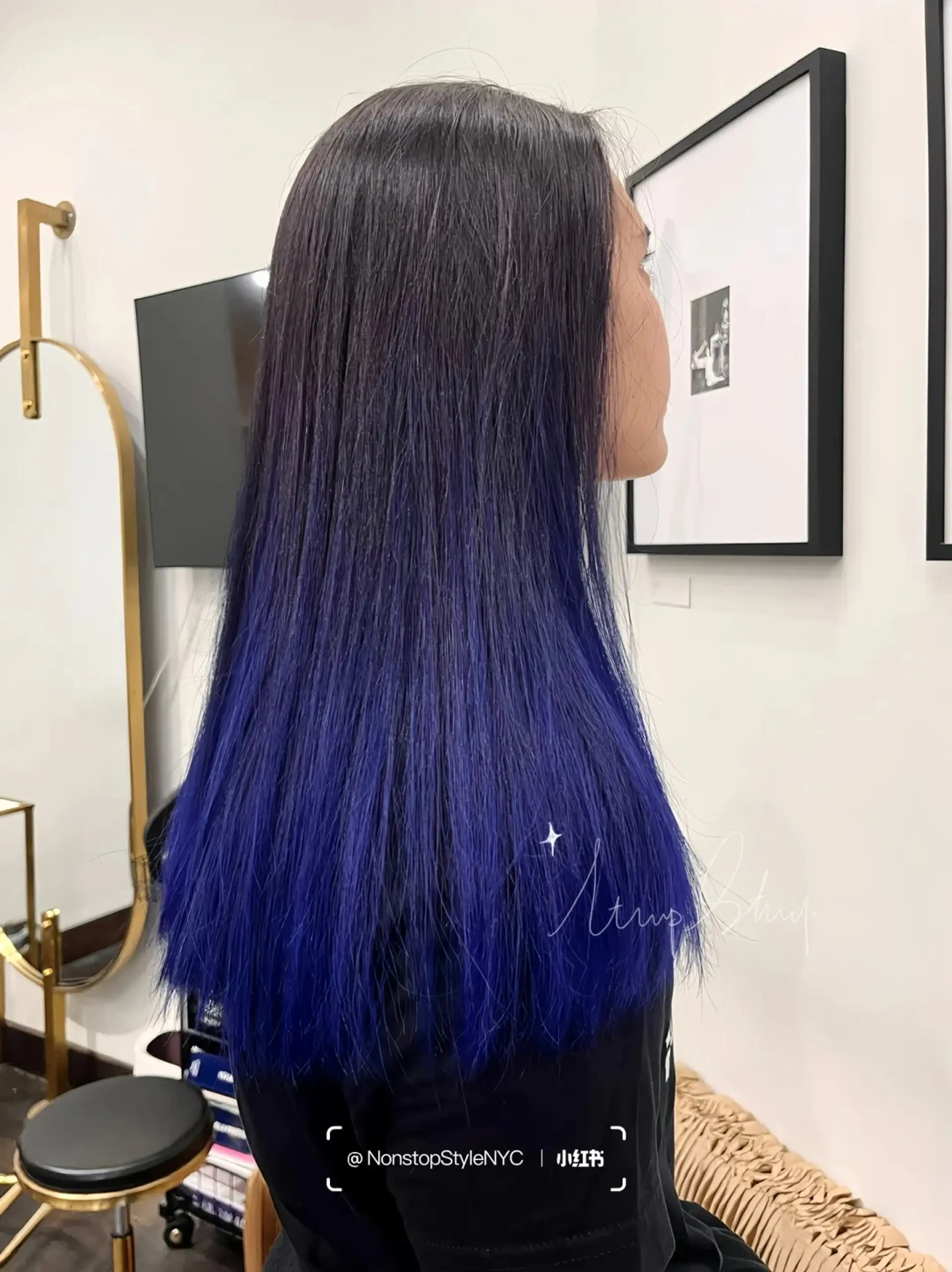 A sleek, straight ombre hairstyle transitioning from natural black roots to vibrant blue tips with medium-length hair.

(NonstopStyle: by Niel) 3