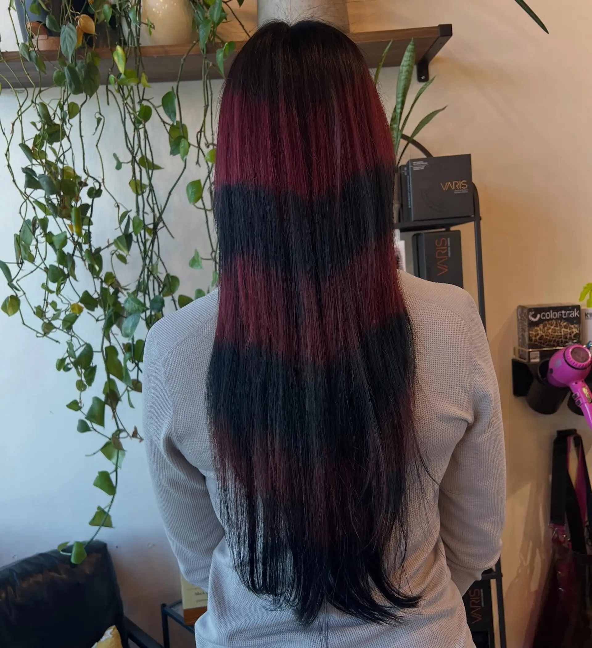 Straight, extra-long hair featuring bold alternating horizontal chevron bands of jet black and rich burgundy red. 1