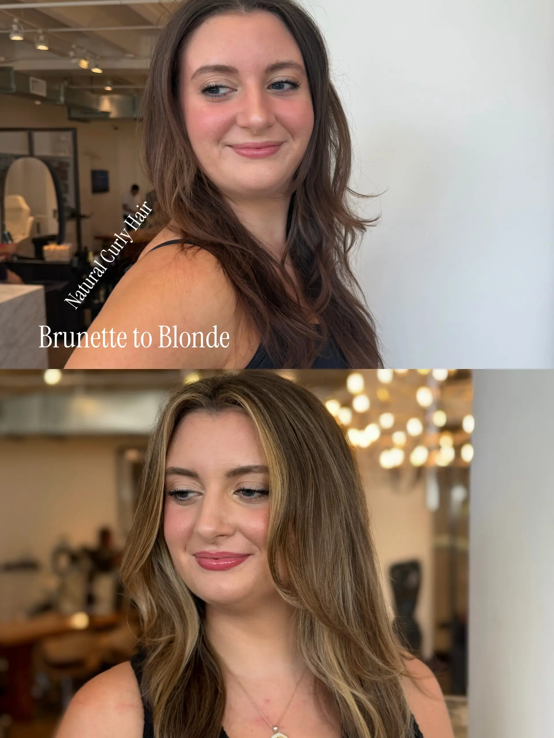 A brunette to blonde balayage transformation featuring soft face-framing pieces and smooth blowout waves. 1