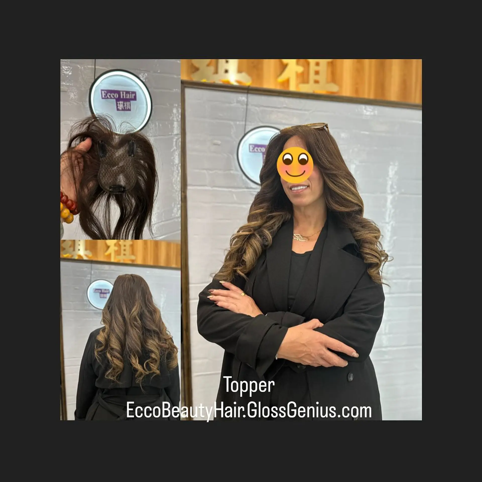 Long cascading waves featuring seamless integration of a natural hair topper piece with warm caramel highlights. 1