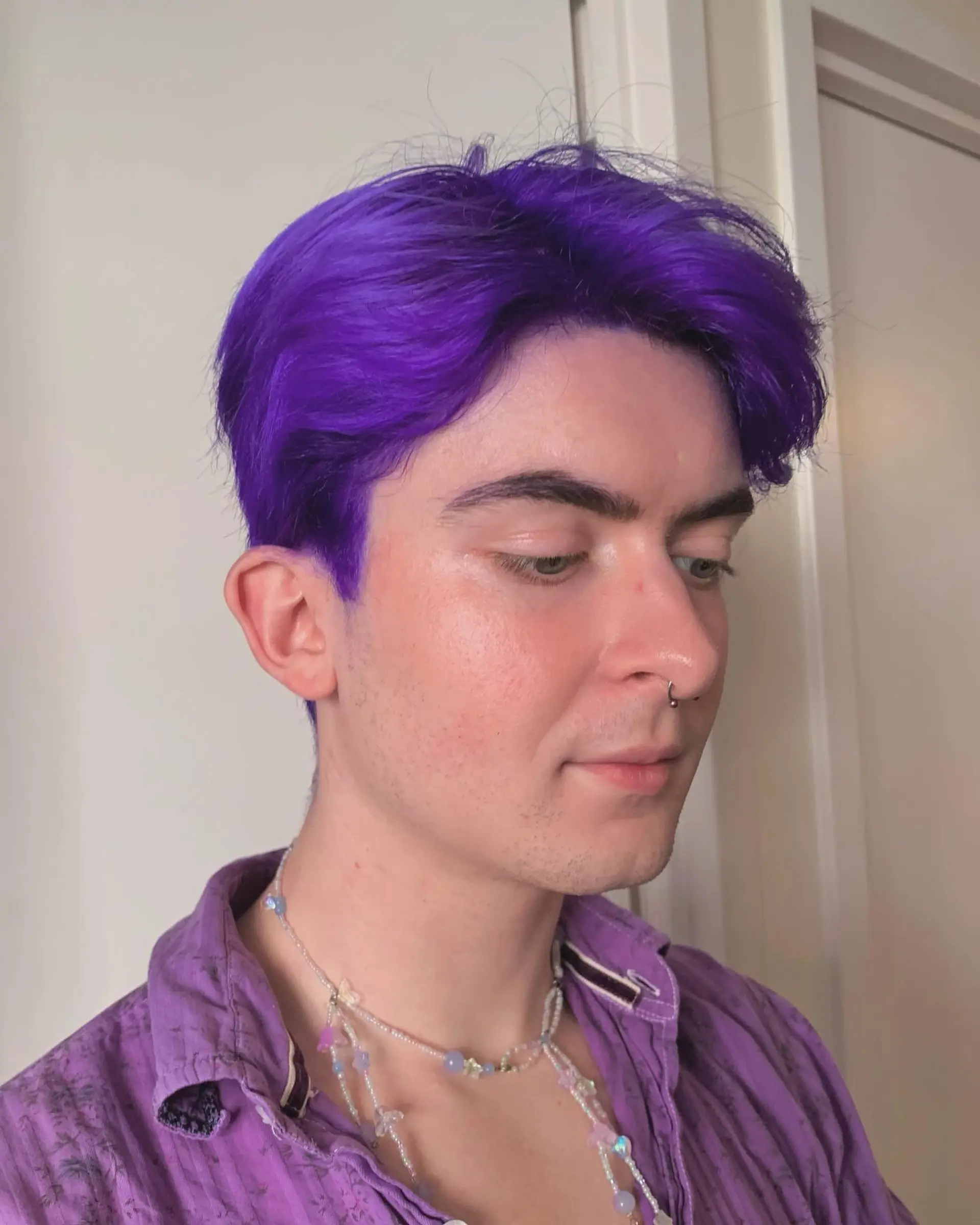 Vividly straight purple hair with a center part, short and playful, giving off an edgy and bold vibe, ideal for a trendy look. 1