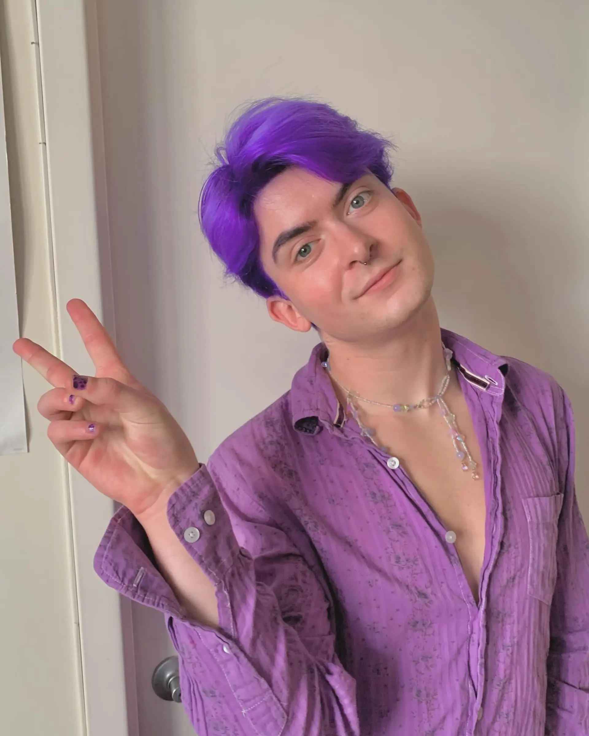 Vividly straight purple hair with a center part, short and playful, giving off an edgy and bold vibe, ideal for a trendy look. 2