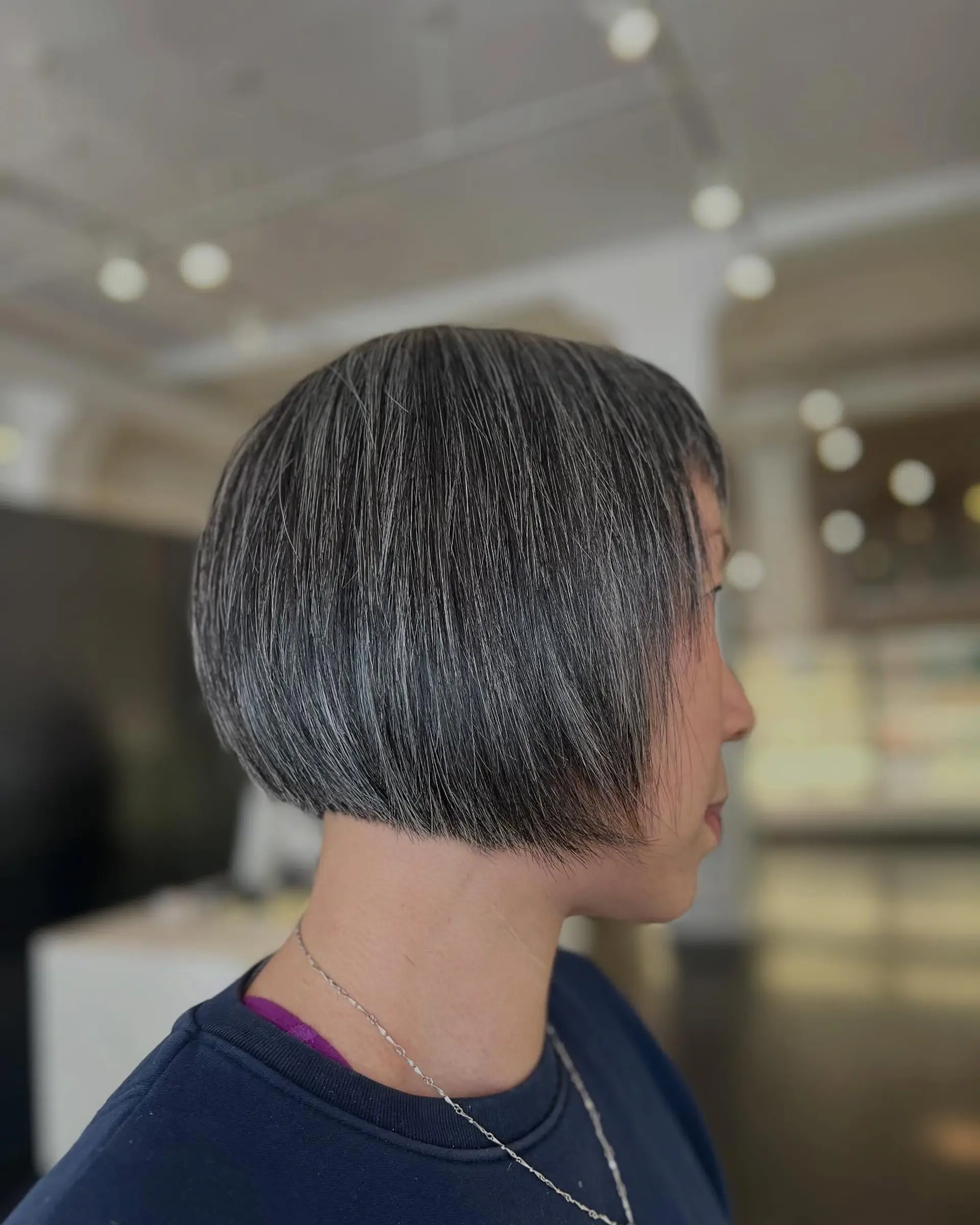 A sleek, chin-length blunt bob haircut styled smoothly in natural salt-and-pepper tones. 1
