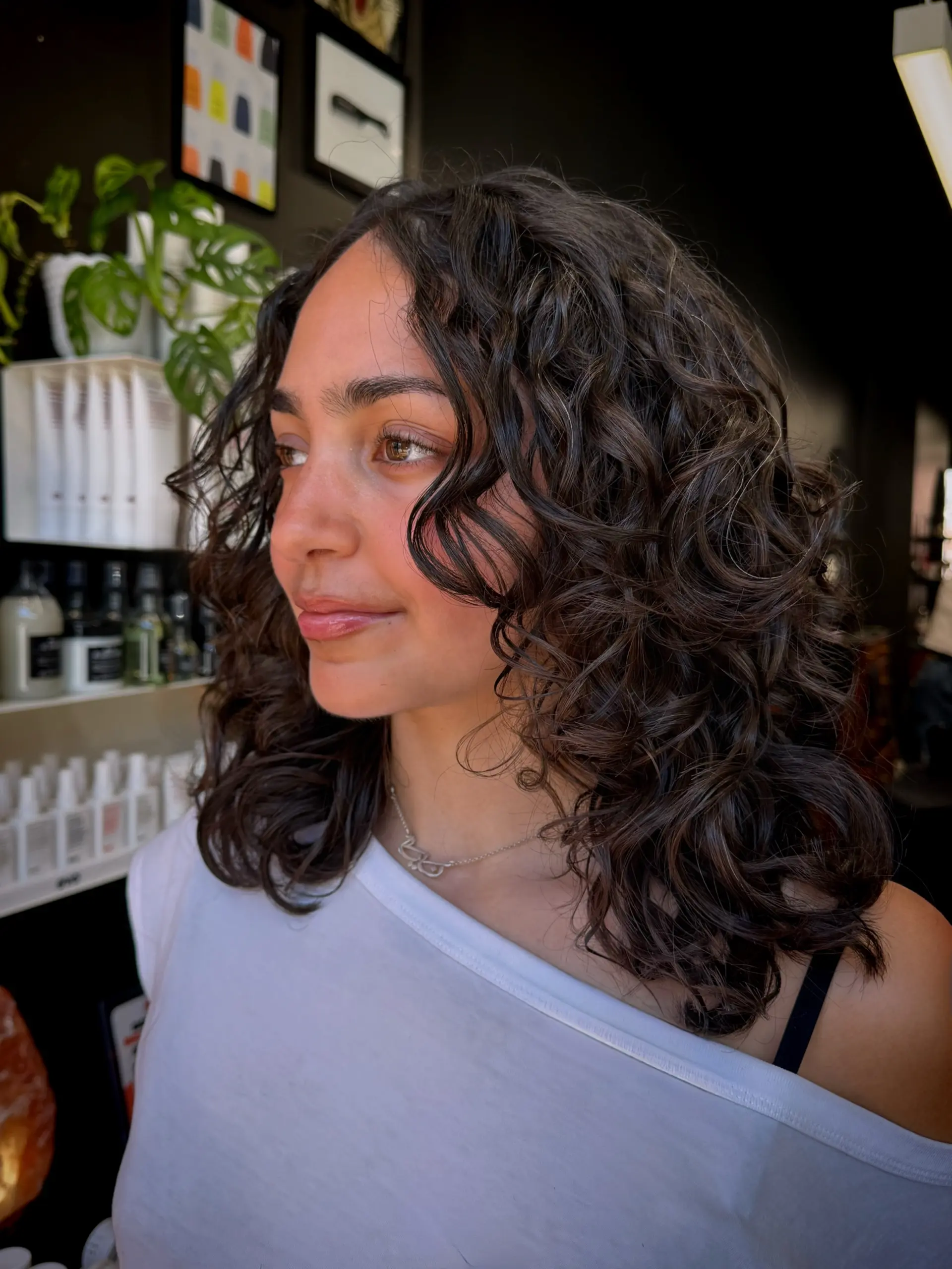 A mid-length layered haircut crafted for naturally curly dark brown hair, featuring face-framing pieces and rounded volume. 1