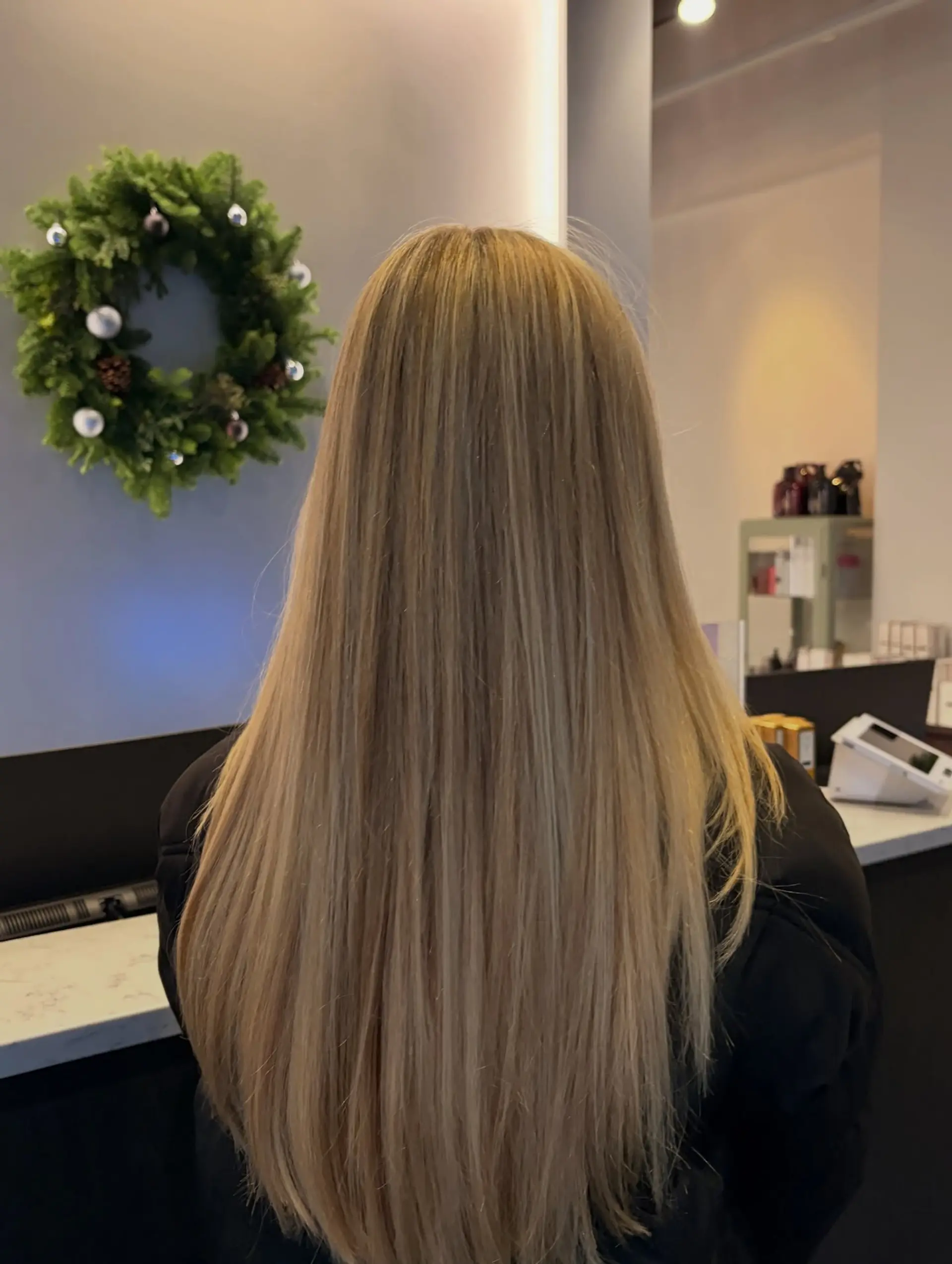 Straight, long hair featuring dimensional blonde highlights blended over a natural light brown base. 1