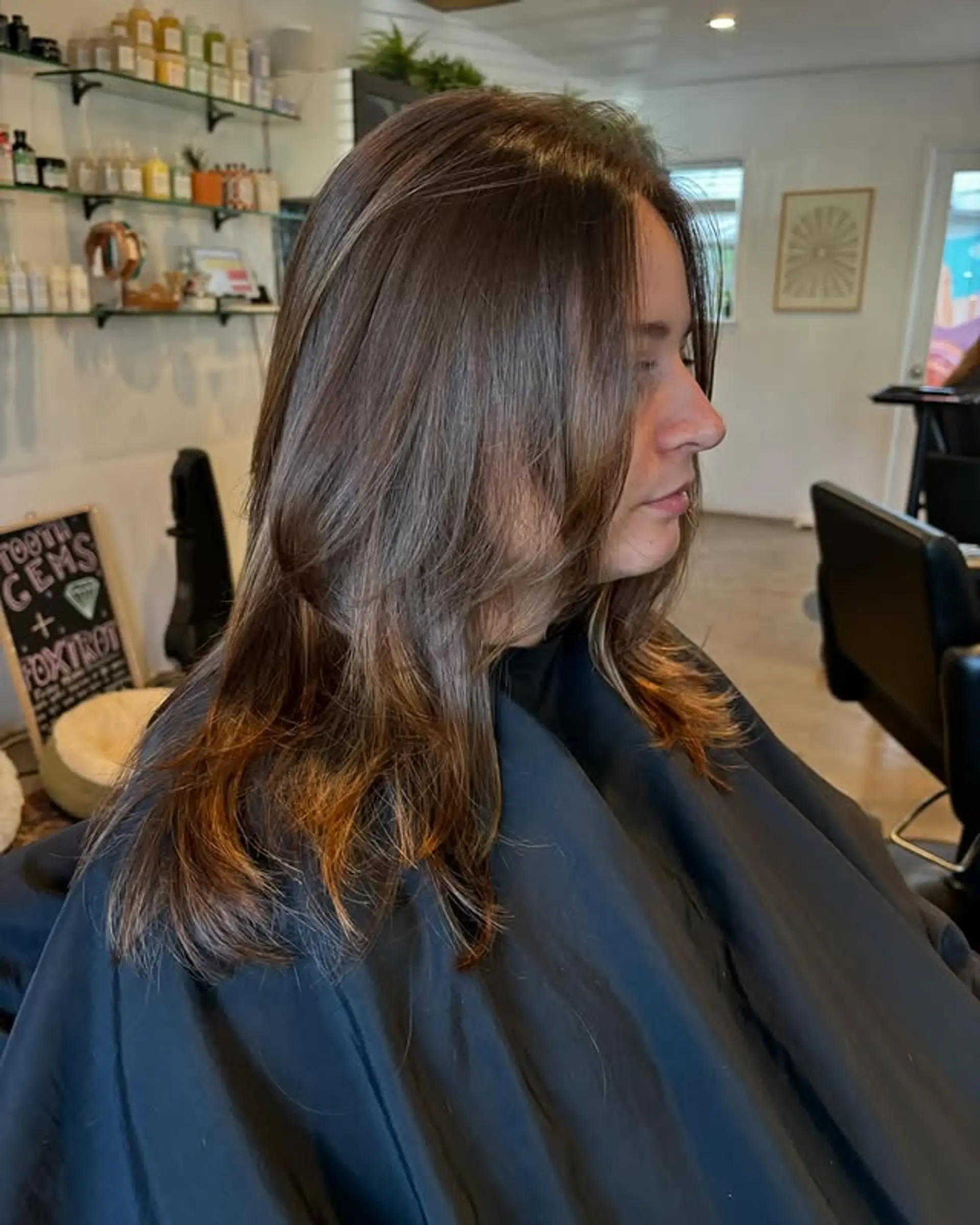 Long, layered Bronde hair with face-framing. 1