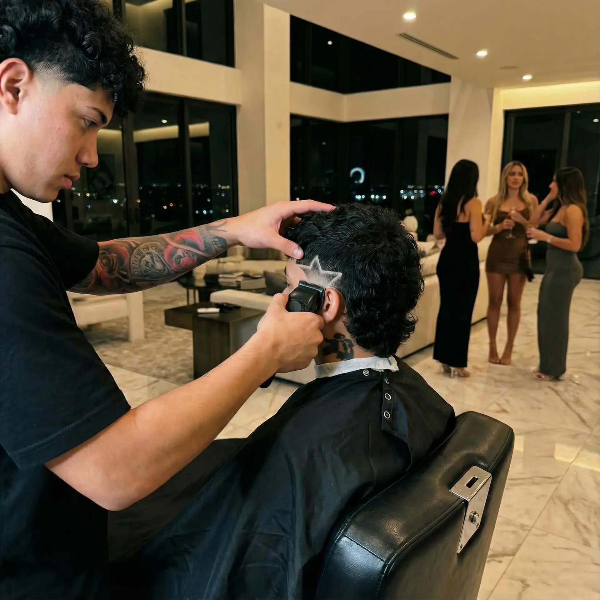 A textured curly mullet featuring a precision star design shaved into the faded side. 1