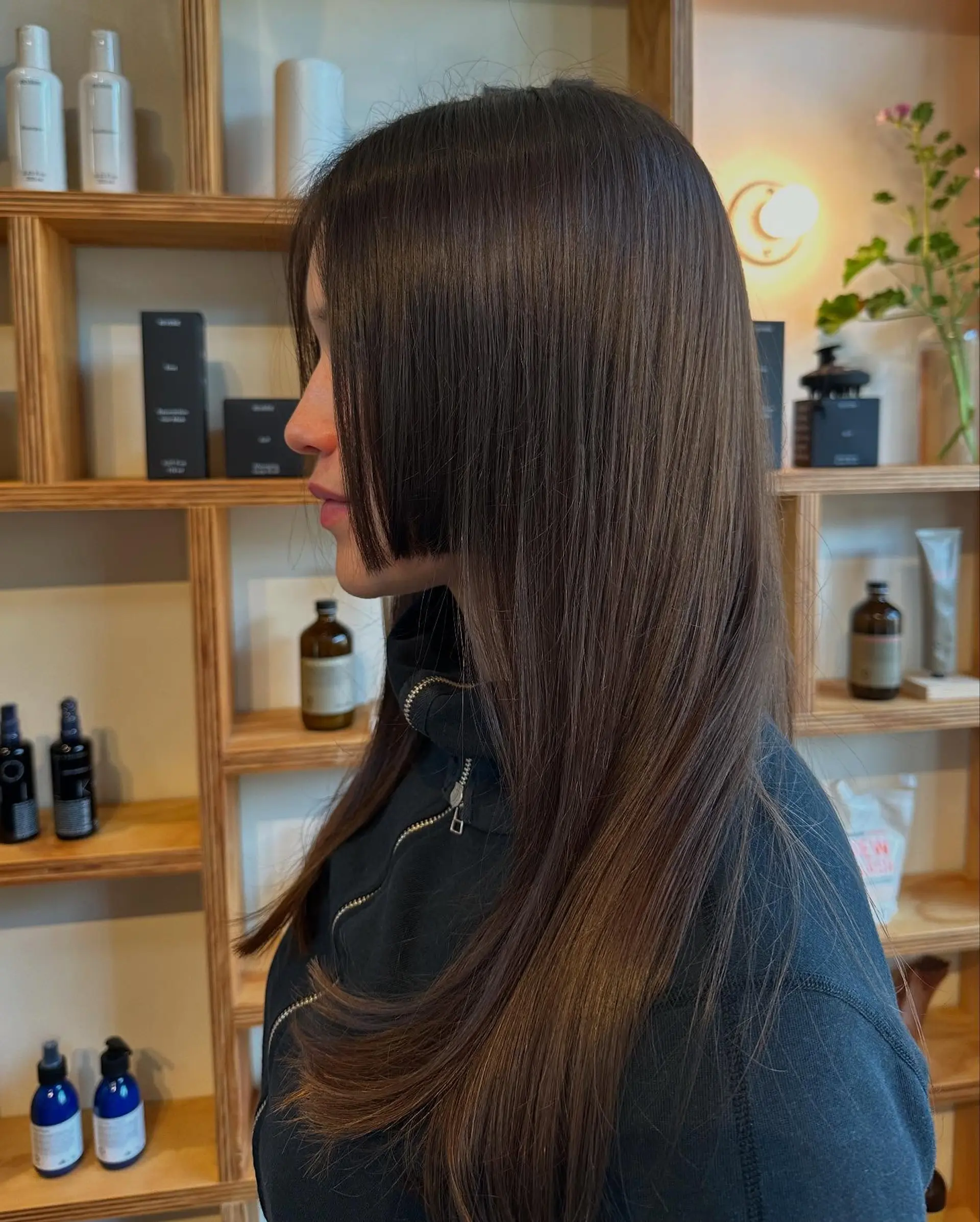 Sleek long dark brown straight hair featuring a blunt cheek-length Hime cut side section. 1