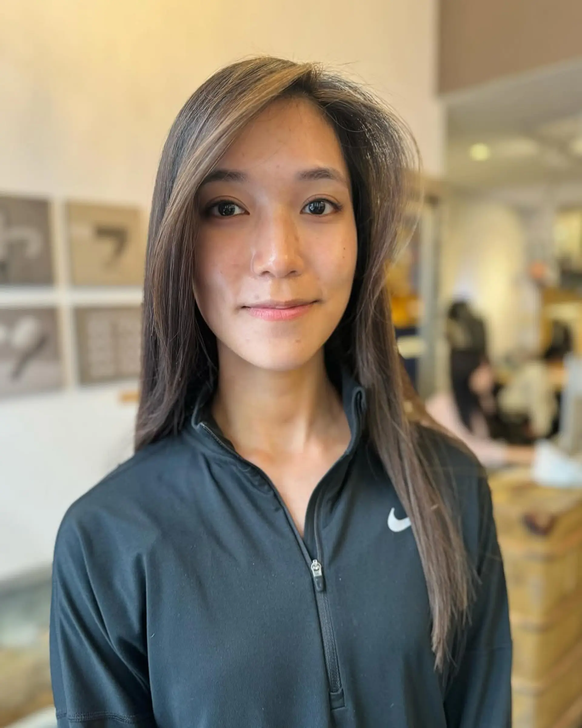 Extremely straight, very long dark brown hair with ultra-smooth, silky texture and minimal layers, giving a sleek and elegant appearance. 4