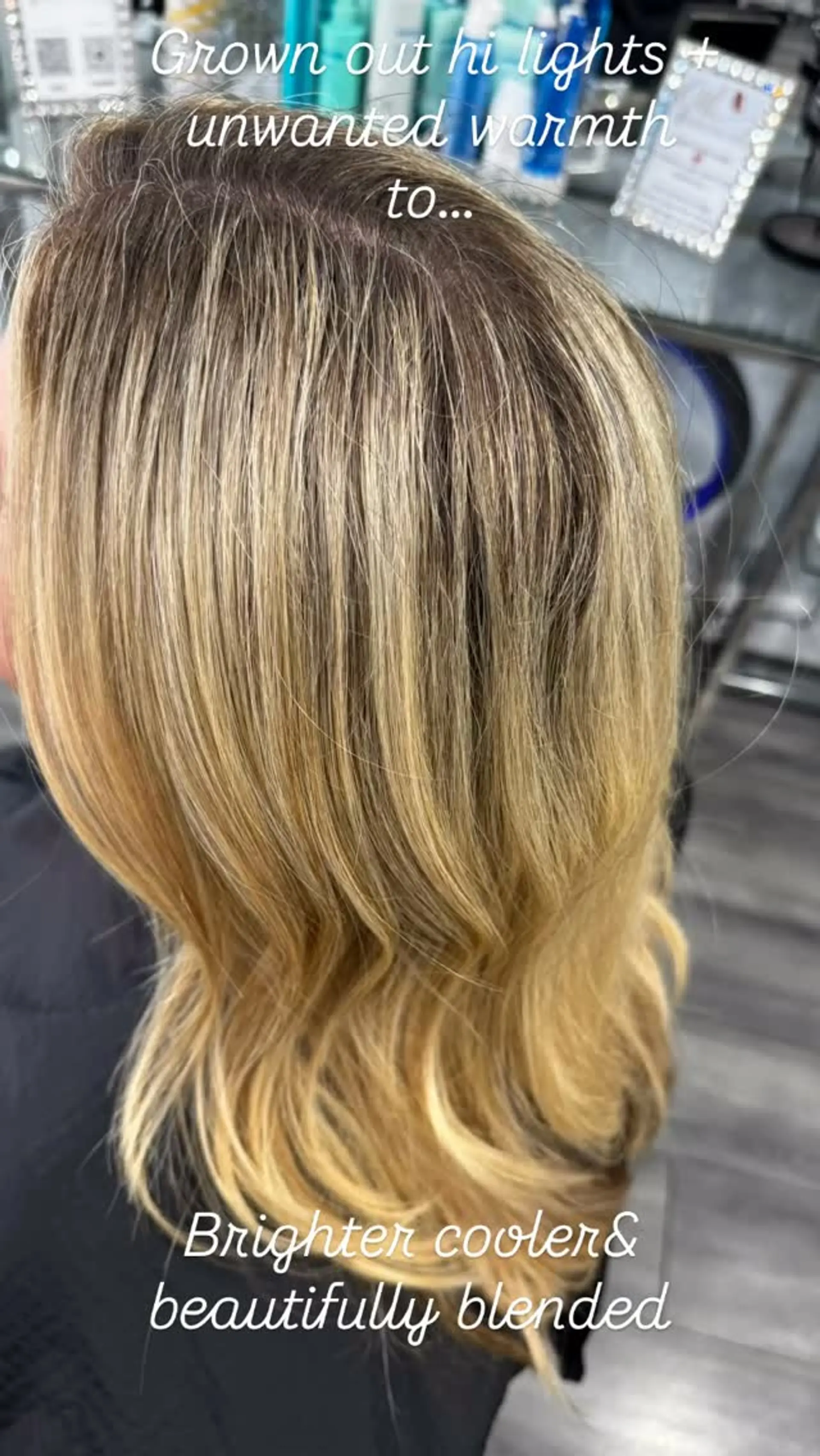 Medium-length dimensional blonde highlights with soft flowing waves. 1