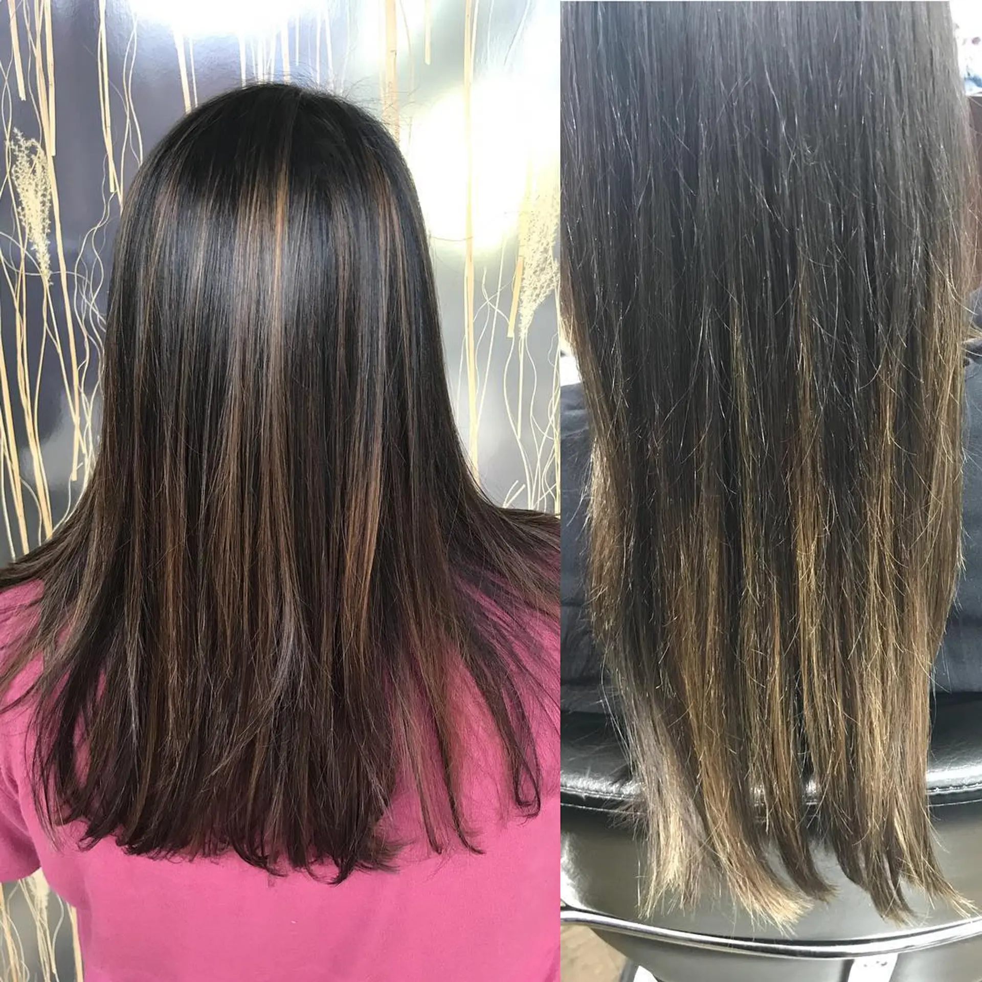 Medium-length straight dark brunette hair accented with warm caramel and honey highlights for subtle dimension. 1