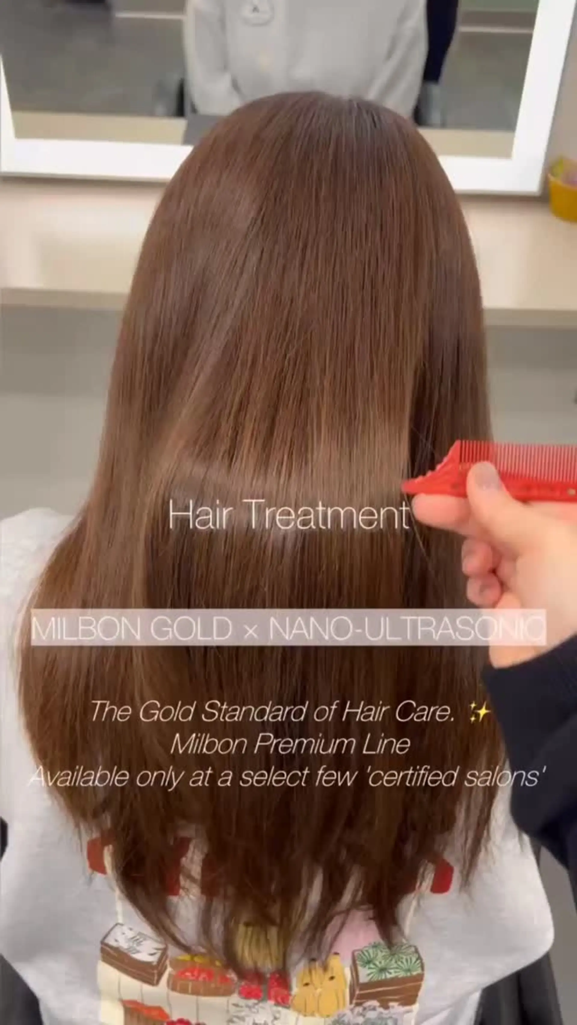 Silky, straight long brown hair showcasing high shine and a smooth finish after a professional conditioning treatment. 1