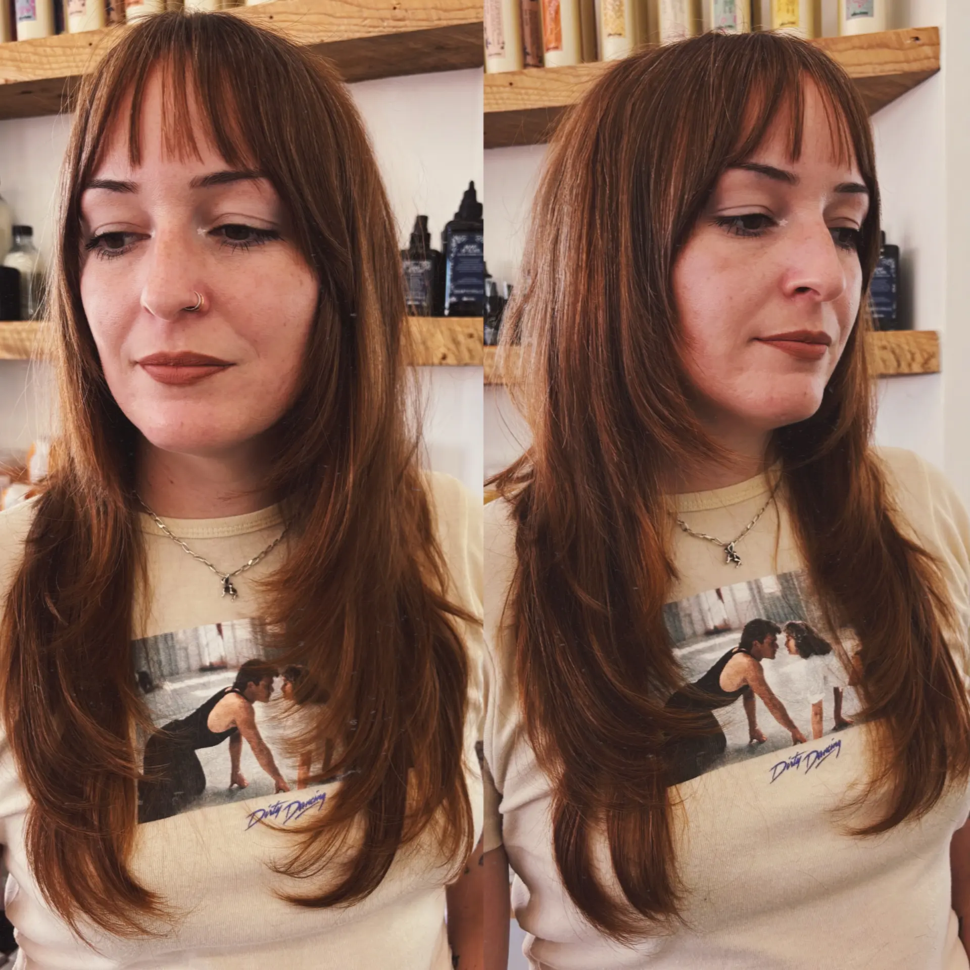A long, soft shag haircut featuring feathered face-framing layers, soft internal texture, and light, wispy bangs. 1