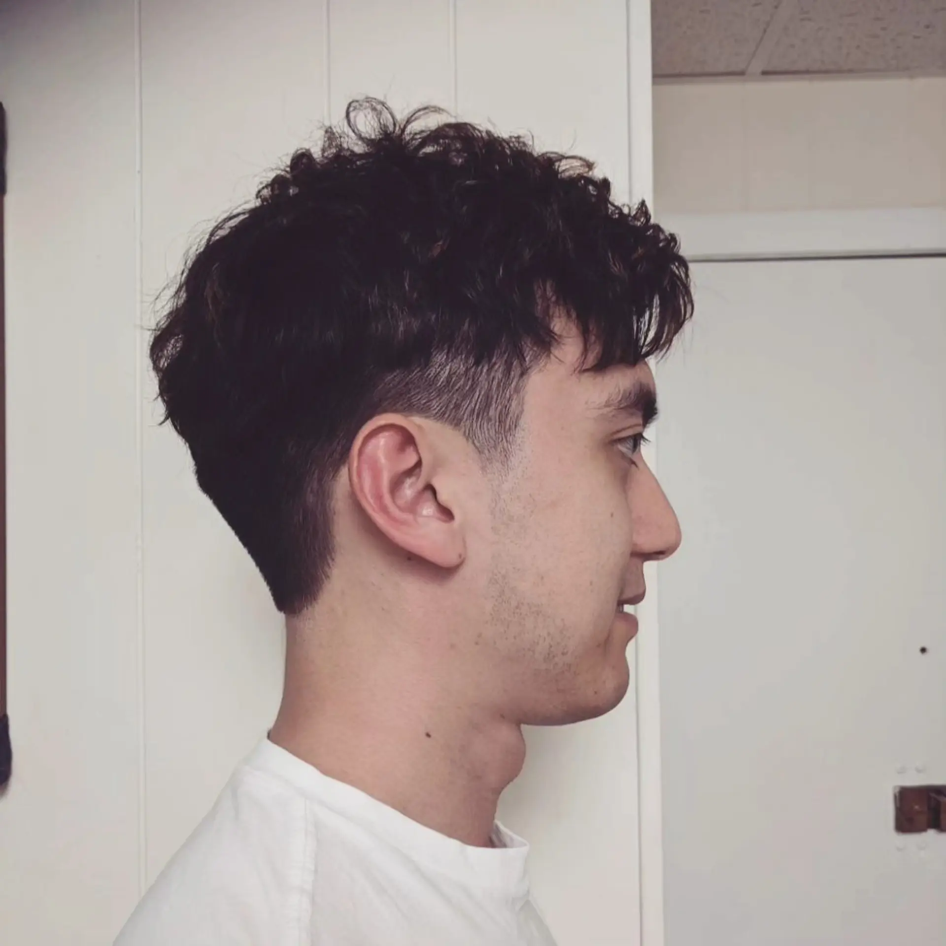 A men's textured short haircut featuring perm-styled curls on top with a subtle undercut and tapered sides. 1