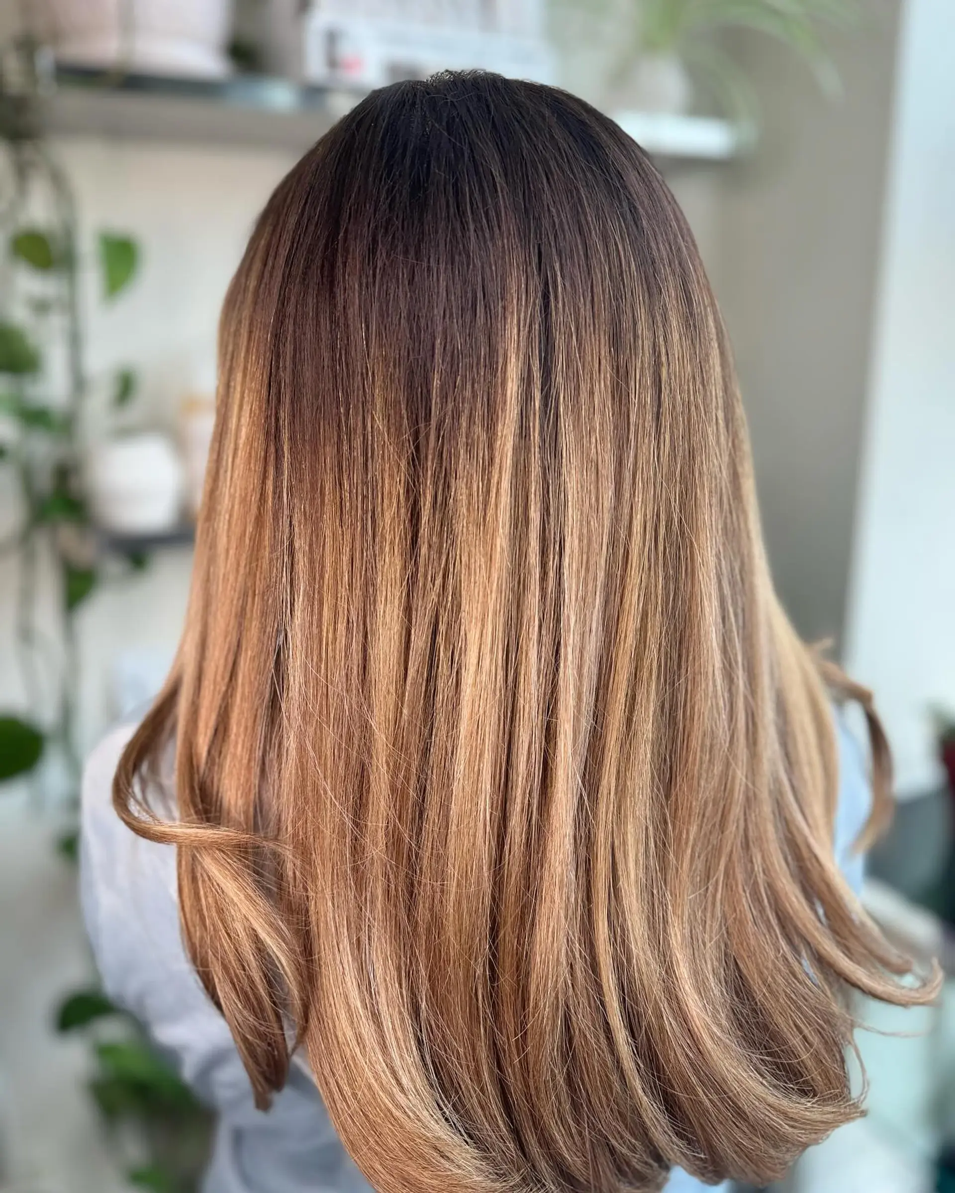 Long, sleek hair featuring a seamless warm caramel balayage blended from a rich dark brown base. 1