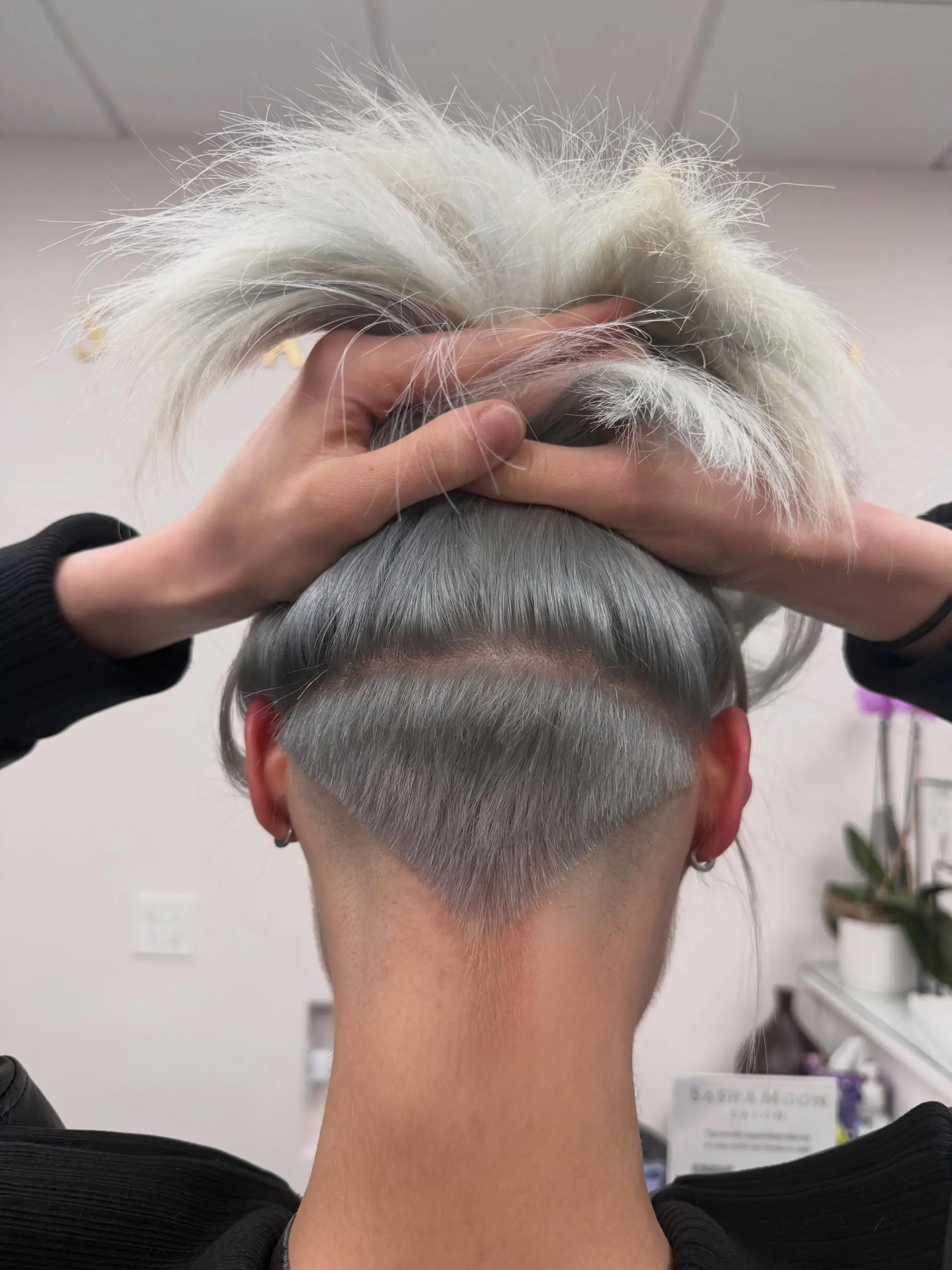 A sleek, icy blue-steel blonde style featuring a sharp, tapered V-shaped undercut at the nape of the neck. 1