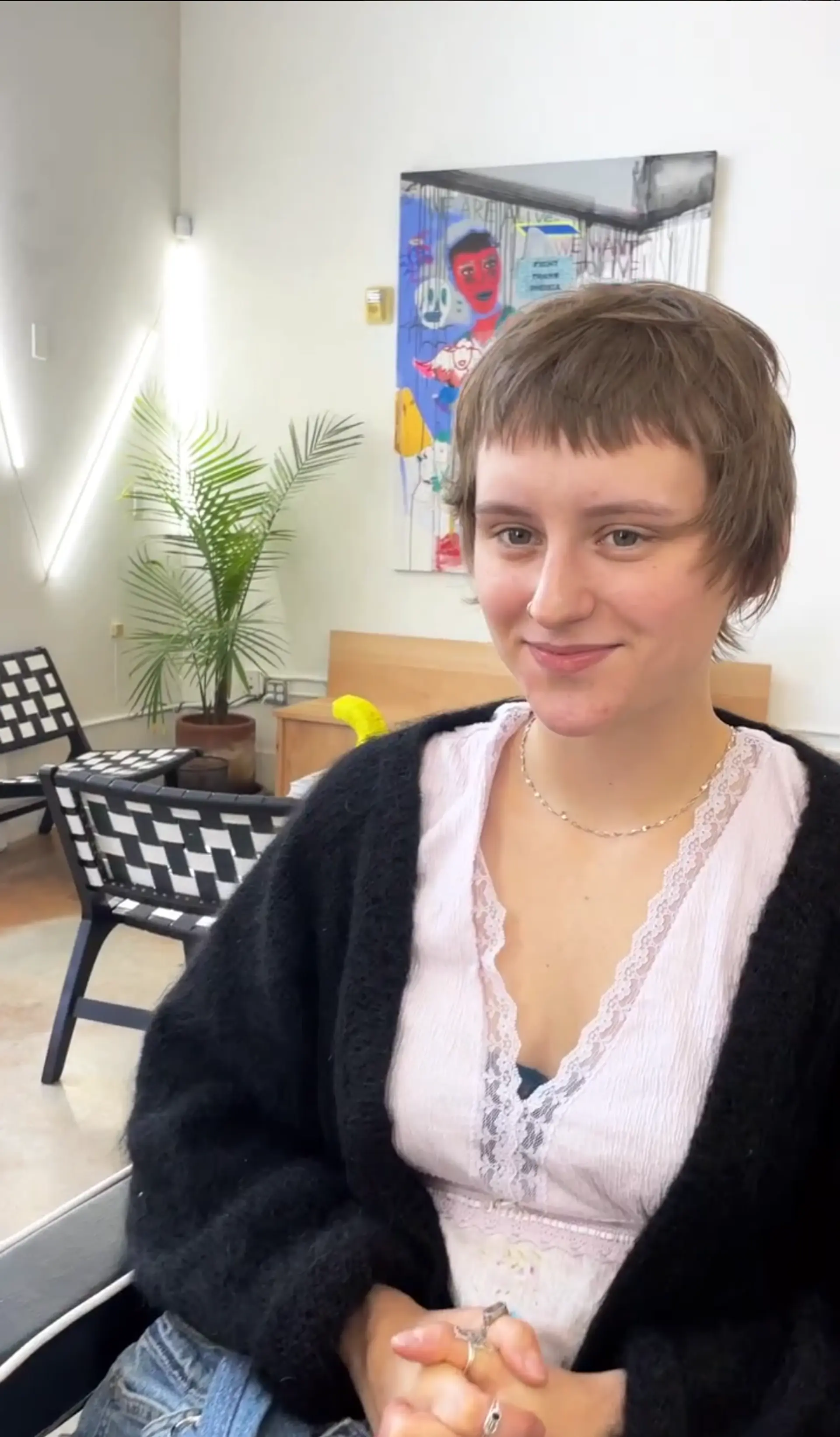 A short, straight hairstyle with textured layers, choppy fringe, and volume at the crown, creating a modern and lively look. 1