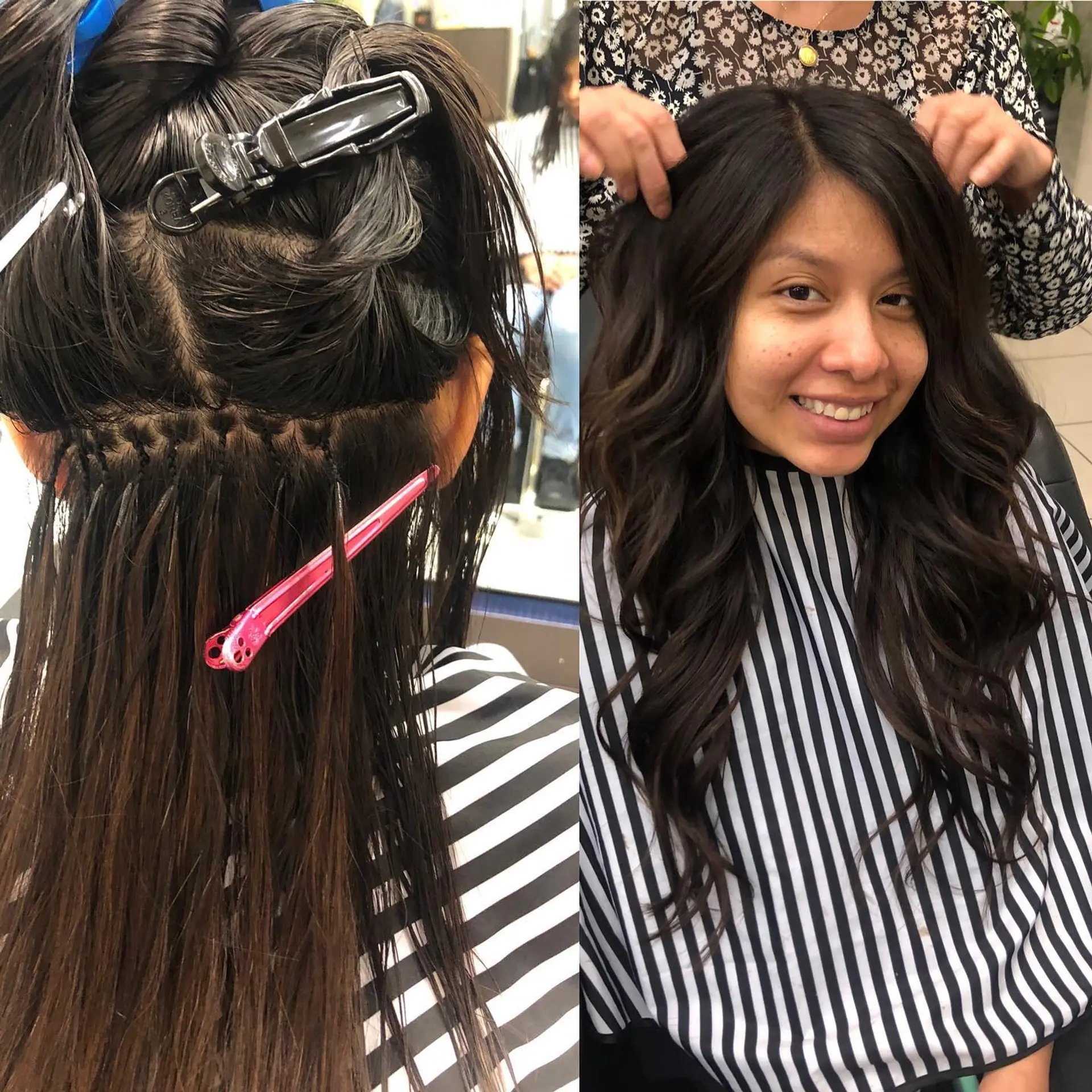 A side-by-side comparison showing micro-braided hair extension installation on the left and the final voluminous, wavy dark brunette result on the right. 1