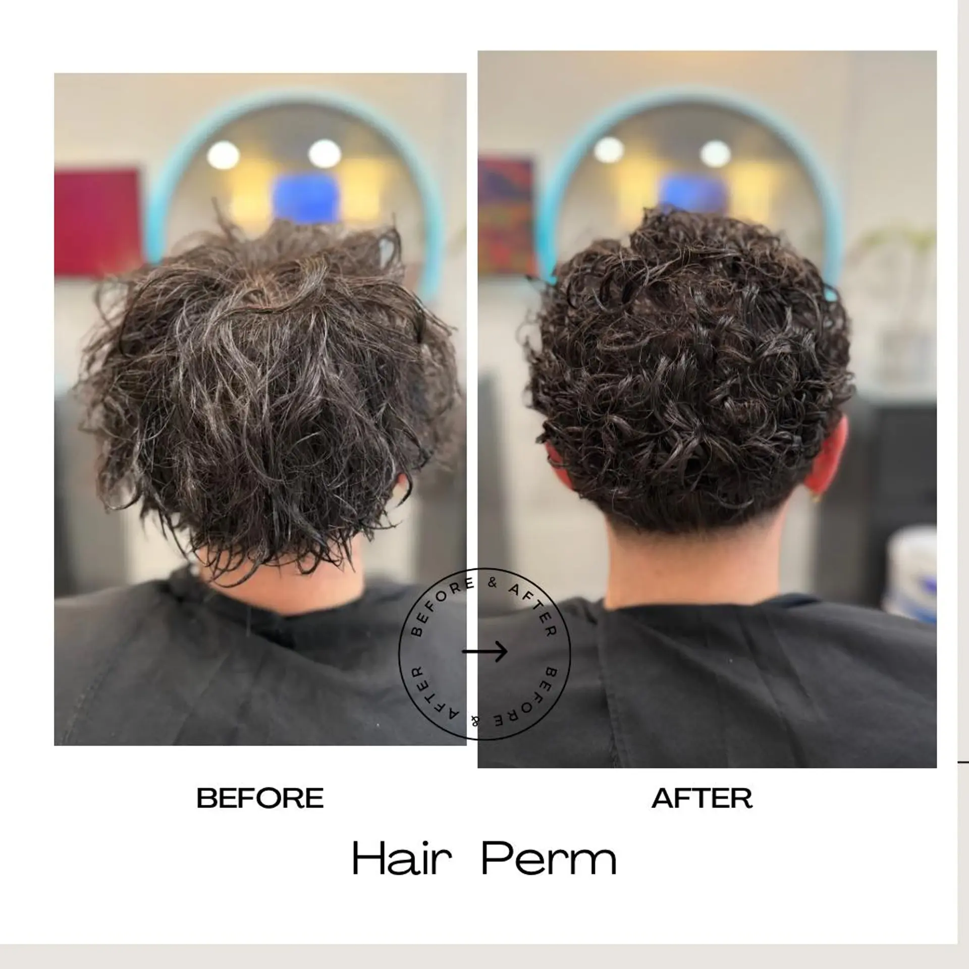 A short men's perm featuring tight, defined curls with added volume, texture, and a neatly tapered neckline. 1